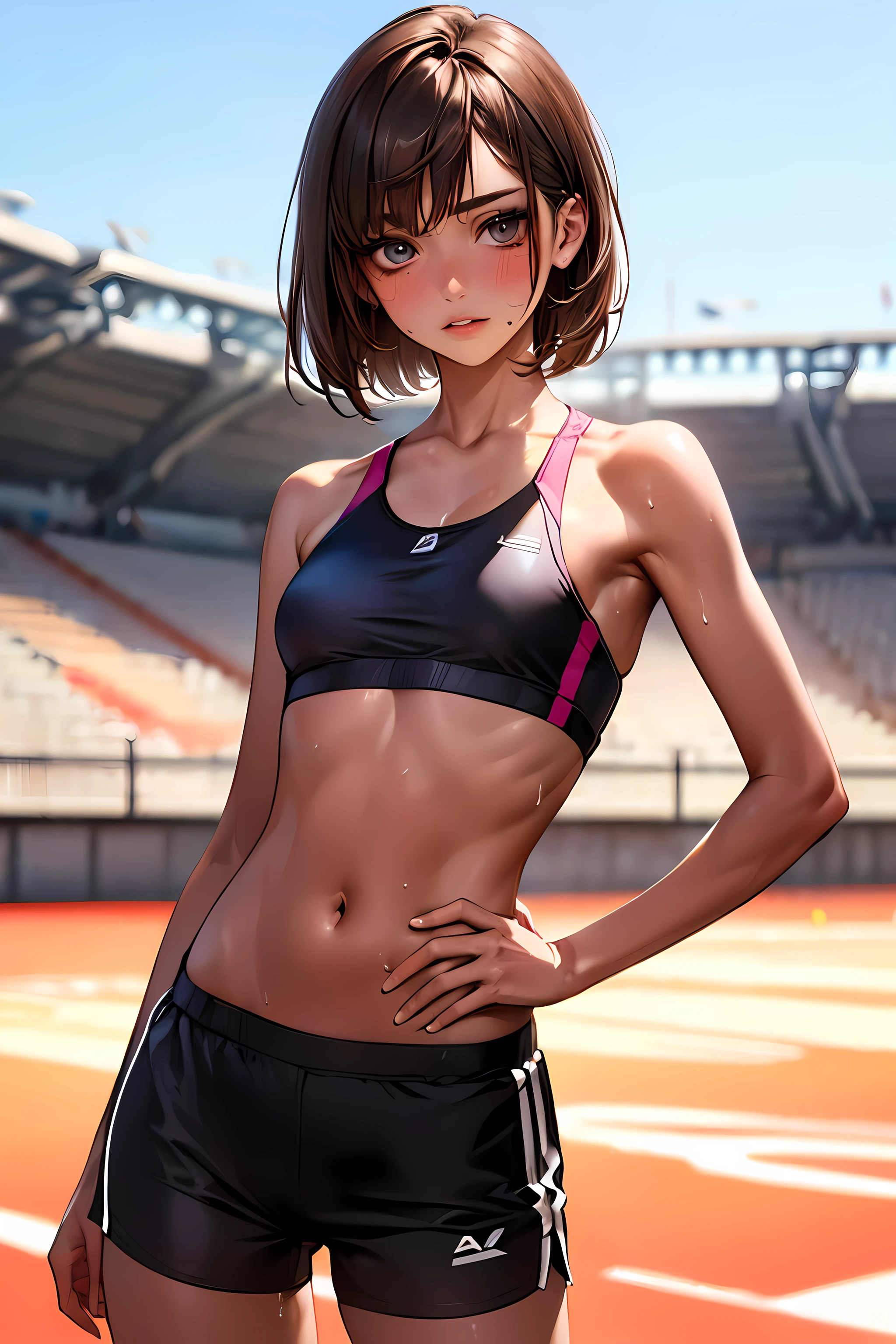 ((perfect anatomy:1.2,realistic:1.5,RAW Photography:1.5,masterpiece、highest quality、Ultra - High resolution、High resolution、Highly detailed CG、8K)),cowboy shot,1 female,solo、18 year old beauty,Japanese,((beautiful detailed face and eyes:1.3,gorgeous eyes:1.3,black eyes)),brown hair,short bob hair,straight hair,bangs,blush,((medium breasts,slender body,small head:1.3,skinny)),(brown skin:1.5,gleaming skin,oily skin,shiny skin,sweat),(White sports bra、White sports shorts、navel),standing,Athletics Stadium、