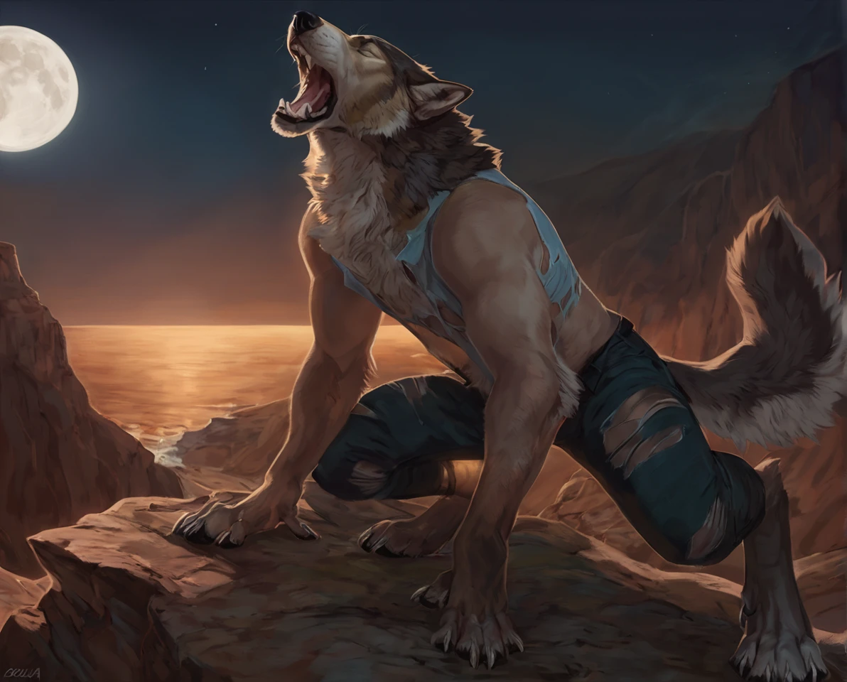 male wolf mid transformation, solo, masterpiece, best art, digitigrade, by patto, by oouna, torn pants, torn shirt, detailed hands, detailed eyes, detailed torso, cliff, howling expression, transformation, human face, night, moon, all fours, closed eyes, howling up