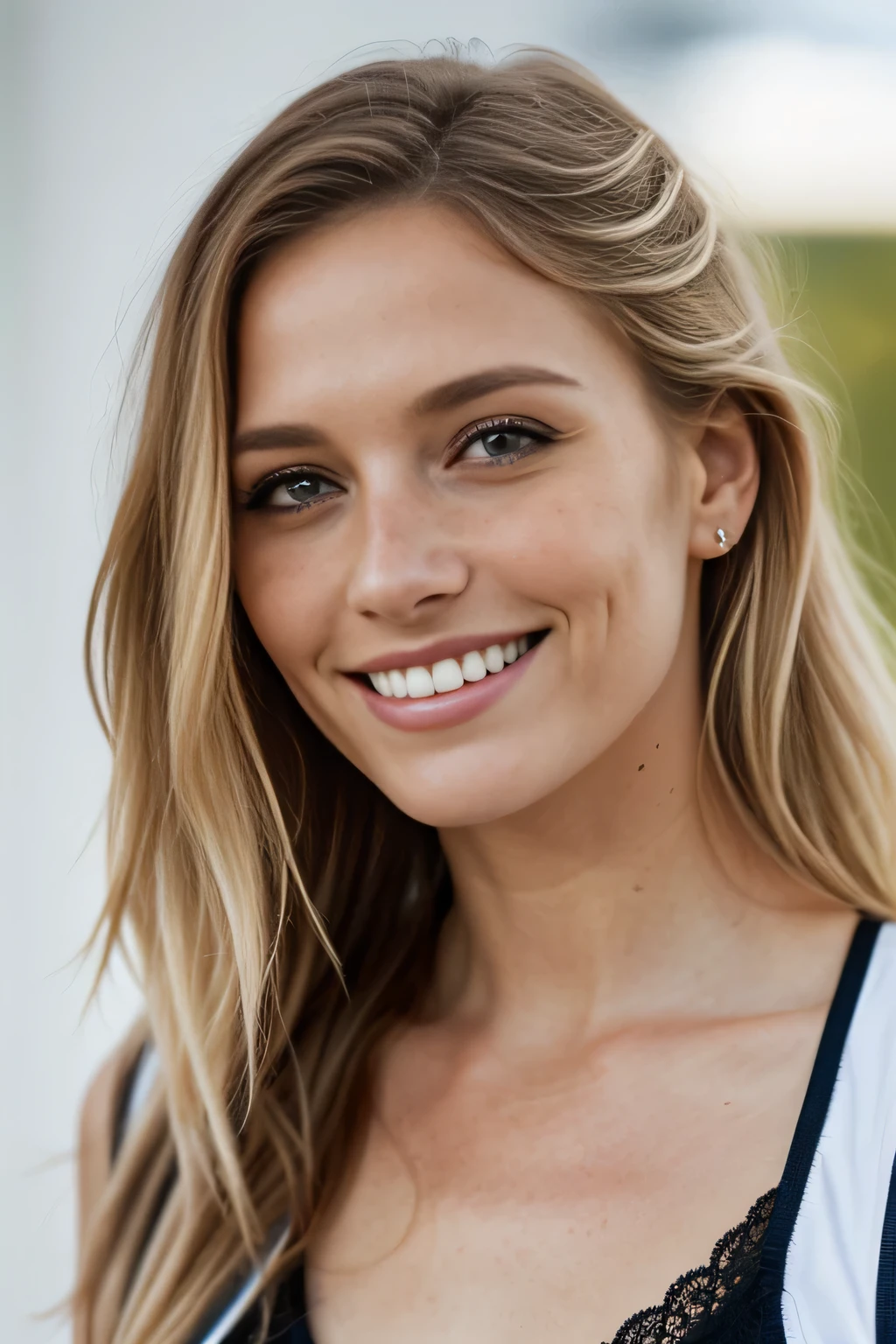 (beautiful, detailreiches Haar blond, blaue Augen, beautiful teeth, (Adorable freckles), (charming smile, schelmischer Ausdruck), (verspielte Pose), Sportbekleidung, (wunderliche Brise, wallende Haare), (Bokeh-Hintergrund), (lebendige Farben, rich tones), (froh, sorglos), (fesselnd, Zauberhaft)