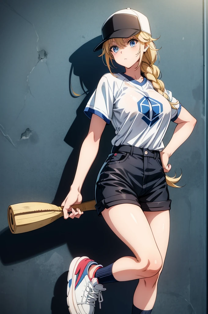 a cartoon woman is posing next to a baseball glove and catchers mitt, 1girl, blonde hair, baseball cap, shorts, black shorts, solo, blue eyes, braid, hat, baseball mitt, sneakers, long hair, shoes, breasts, shirt, white shirt, shirt tucked in, large breasts, short sleeves