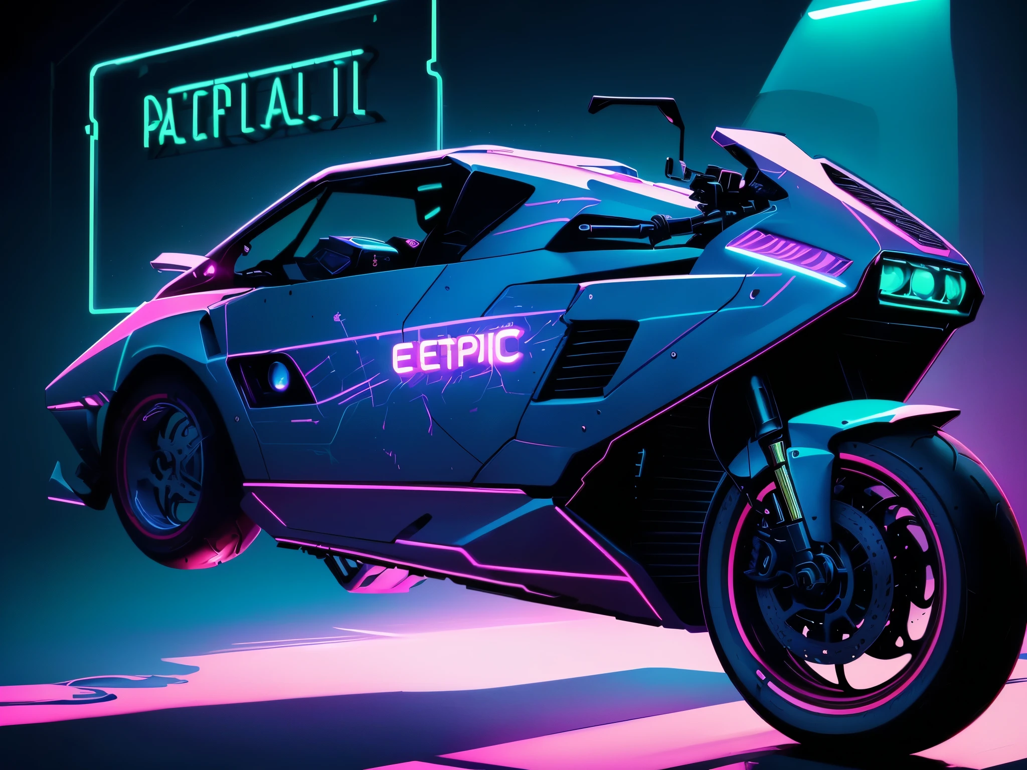 futuristic motorcycle with neon lights and a neon sign in the background, epic retrowave art, retrowave epic art, masterpiece epic retrowave art, retrowave art, retrowave style, retrowave colour scheme, neon! retrowave, synthwave neon retrofuturism, art deco outrun anime aesthestic, retrofuturistic digital painting, retrowave colors, synthwave art