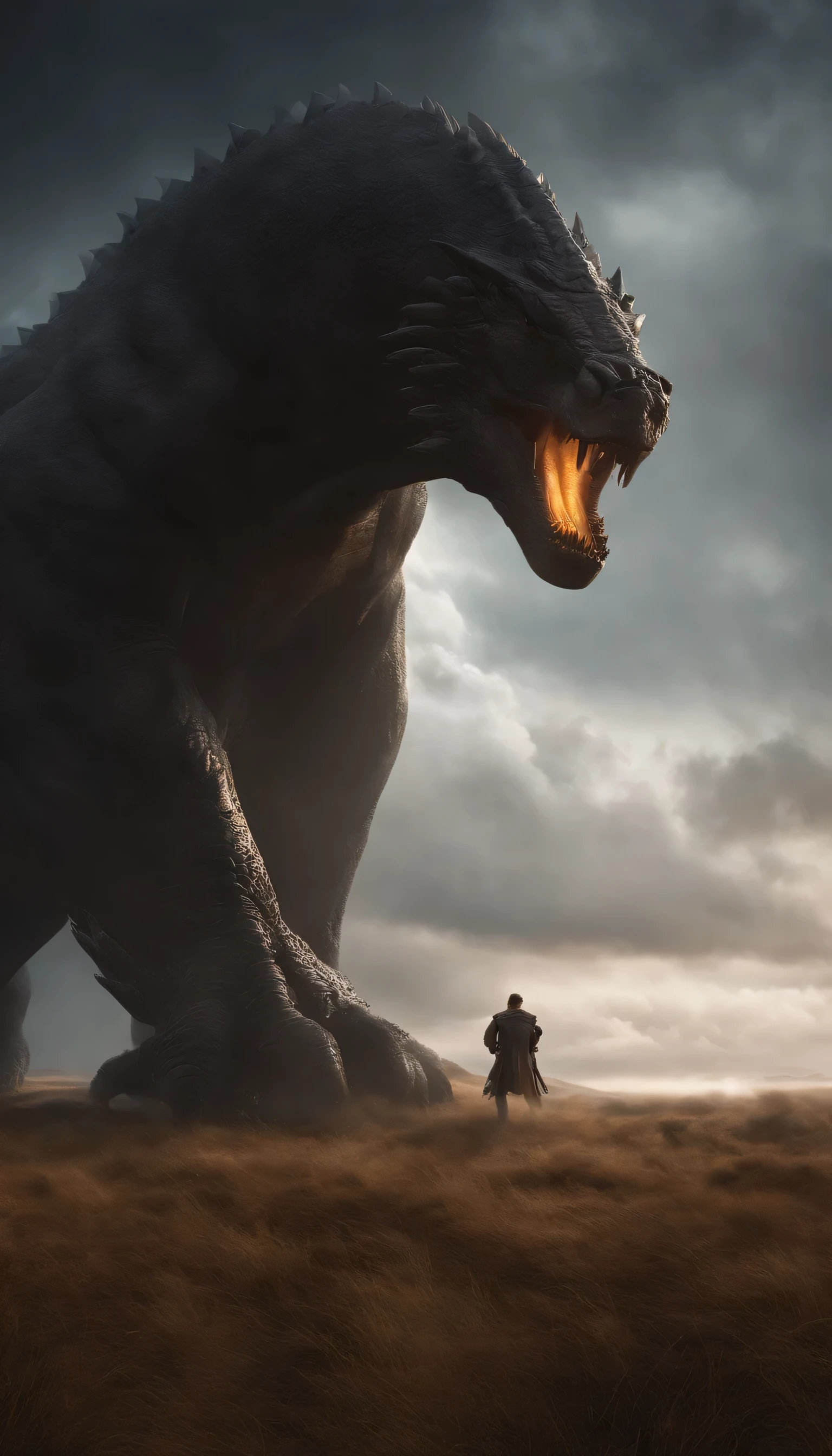 Gigantic creature running across a plain in the distance get stuck by light, nevoeiro, neblina, nuvens escuras, sombrio ,supense, monstro, Sobrenatural, octan render, Motor irreal, fotorrealista, hiper realismo, altamente detalhado, alta qualidade, intrinsecamente detalhado,Volumetric lighting, personagem completo, 4k, ,disco Rigido ,Full HD, 8k, RTX, high resolution, sombras detalhadas, incrivelmente detalhado, perfeito, Dramatic scale