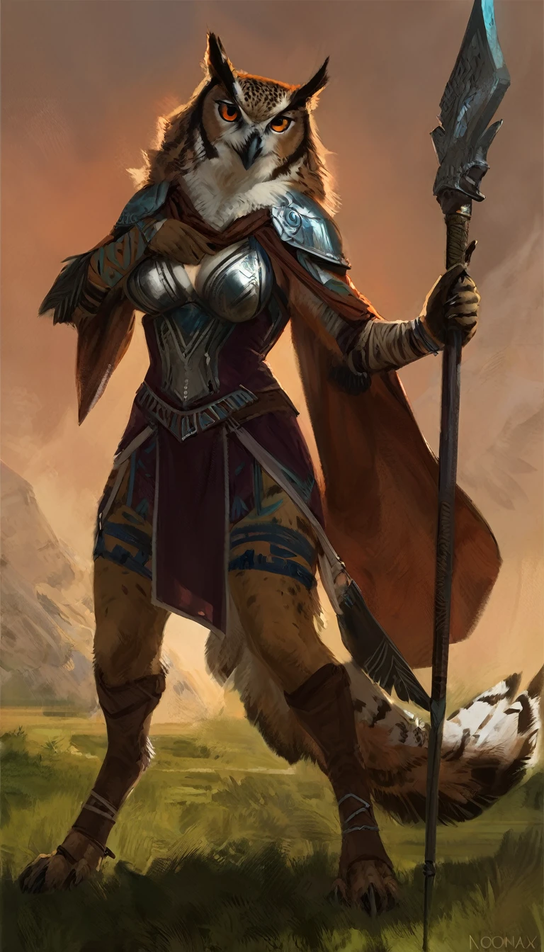 Anthro female eagle owl hybrid, solo, serious expression, masterpiece, best art, body, by oouna, by nomax, detailed eyes, detailed body, claws, tall, greatbow, skimpy armor, huntress, tribal, magic field, curvy, revealing outfit, digitigrade sandals, exposed belly, abs, talons