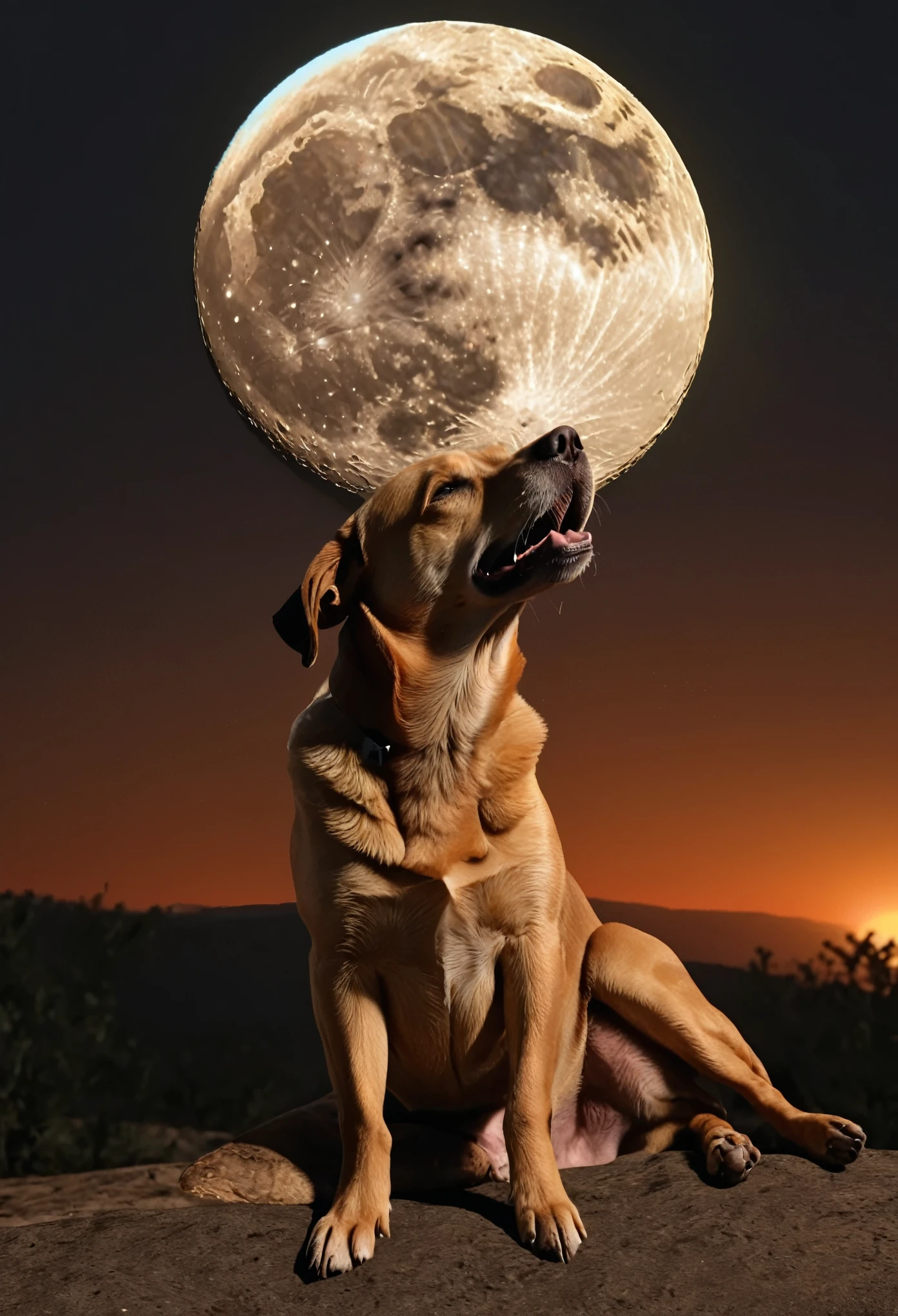 a hyperrealistic dog eating the moon, sunset background --relax --v 6.0