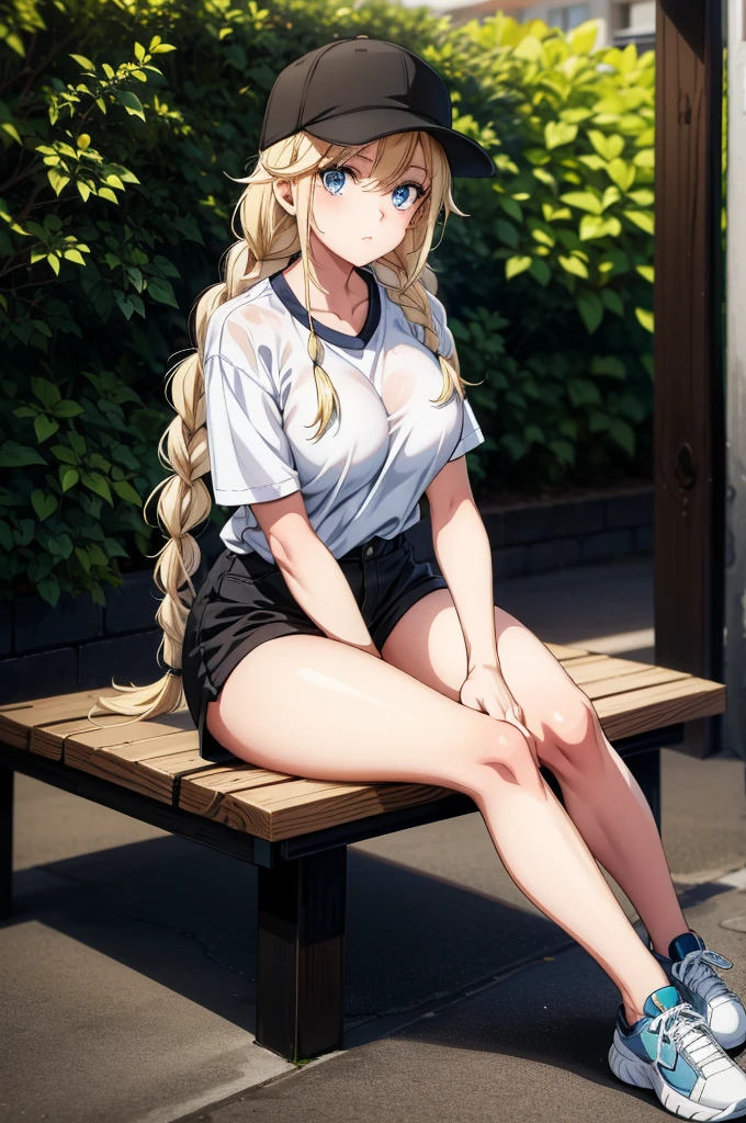 masterpiece, best quality, highres, BREAK , phyami, yamisch, long hair, blonde hair, pony tail, blue eyes, brm, white t-shirt with blue collar, blue buruma, BREAK, very wide shot, hands on knees, knees