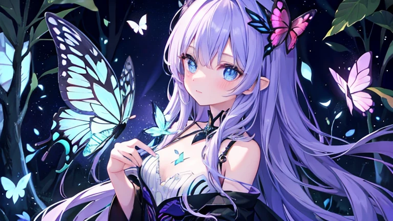 In the dark forest, there are countless beautiful glowing fairies and beautiful glowing butterflies