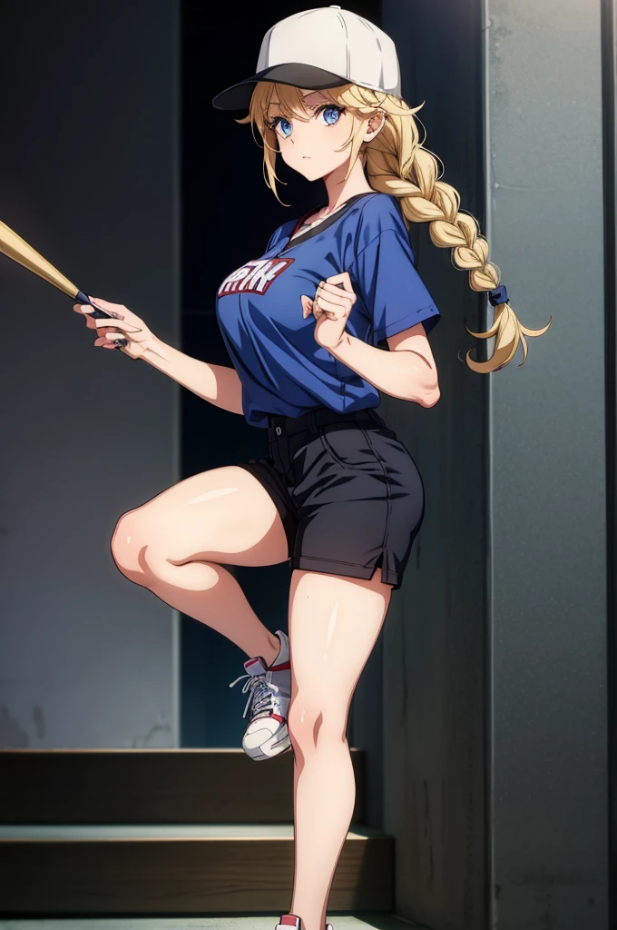 a girl with blonde hair is bending over on a field near a pitcher, 1girl, solo, shorts, braid, long hair, hat, blonde hair, blue eyes, breasts, grass, baseball cap, twin braids, outdoors, jacket, looking at viewer, pantyhose, large breasts