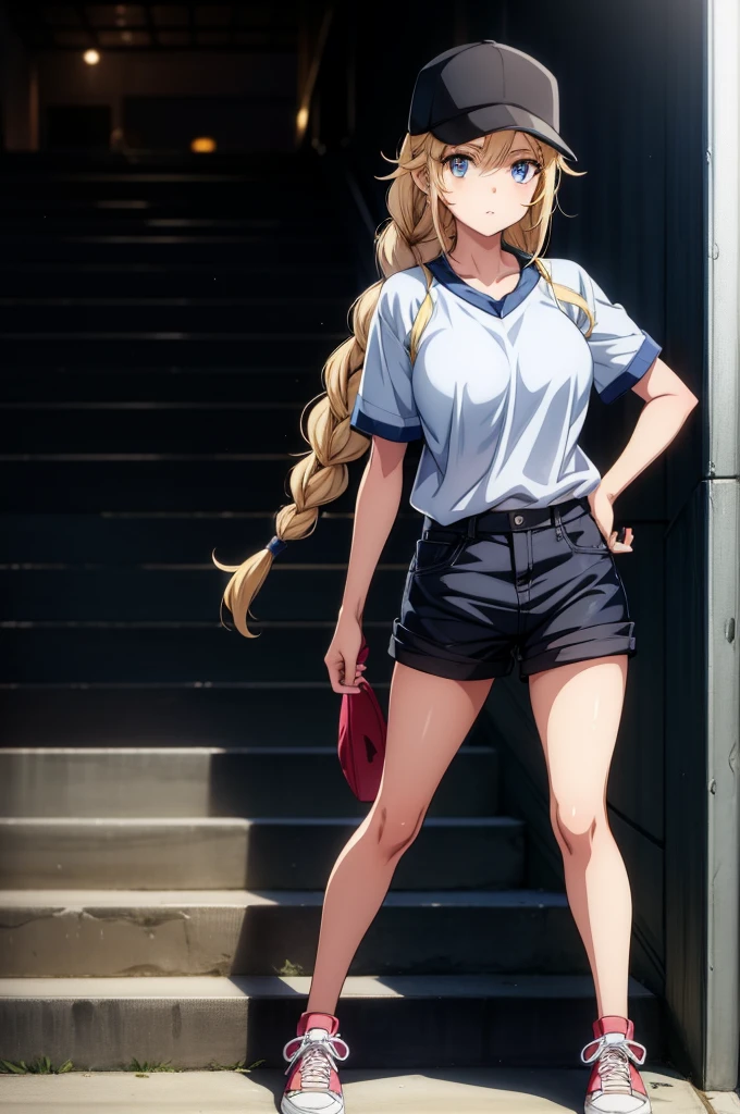 a female anime character posing in a stairwell wearing a baseball cap, 1girl, braid, solo, blonde hair, hat, blue eyes, breasts, shoes, long hair, shorts, sneakers, looking at viewer, baseball cap, black shorts,