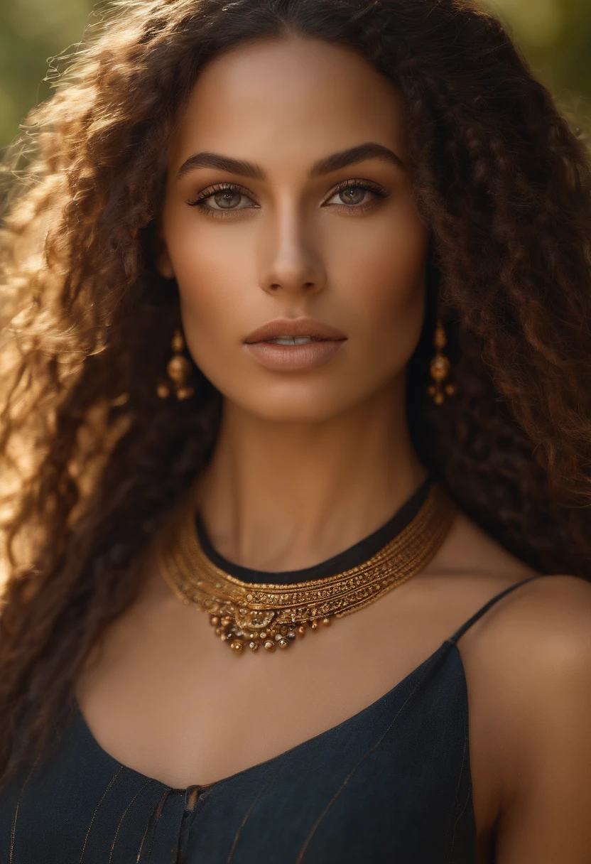 30 years old, heart-shaped face, straight and thin Greek nose, sharp hazel eyes, thin and defined eyebrows, very few freckles, full lips, caramel-colored skin, dreadlocks hair decorated with small colored beads and gold threads, small hoop earrings , tall and slim, very high quality, beautiful, beautiful body, proportionate breasts, beautiful face, not naked, not vulgar