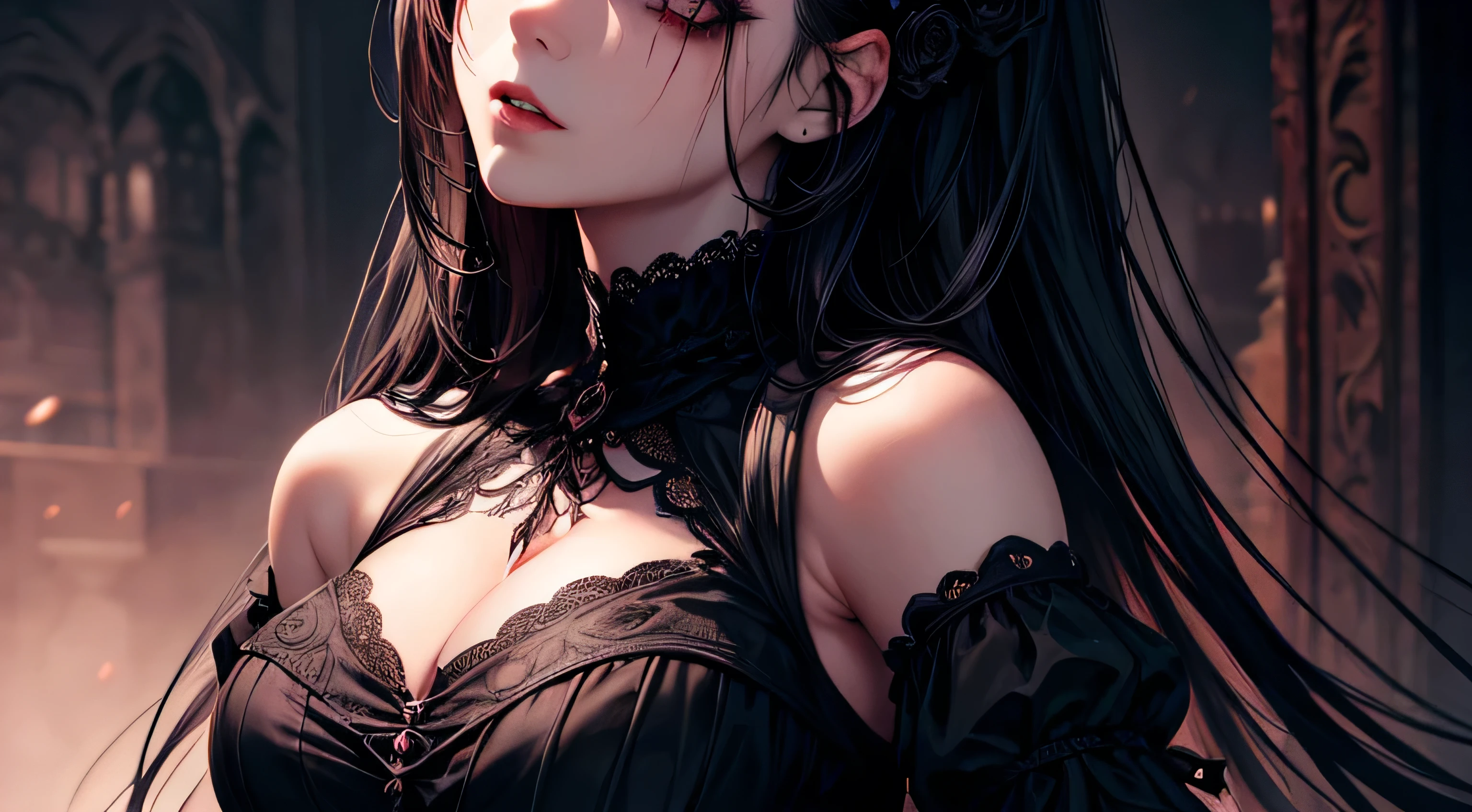 Gothic Horror　Horror images　Bizarre images　Big Breasts　woman　Pitch black eyes　Black Hair　Perfect and detailed facial expression　Perfect and detailed eye depiction　Perfect and detailed hair　Perfectly detailed upper body　Perfect and detailed breast depiction　Big Tits　His face and clothes were covered in blood.