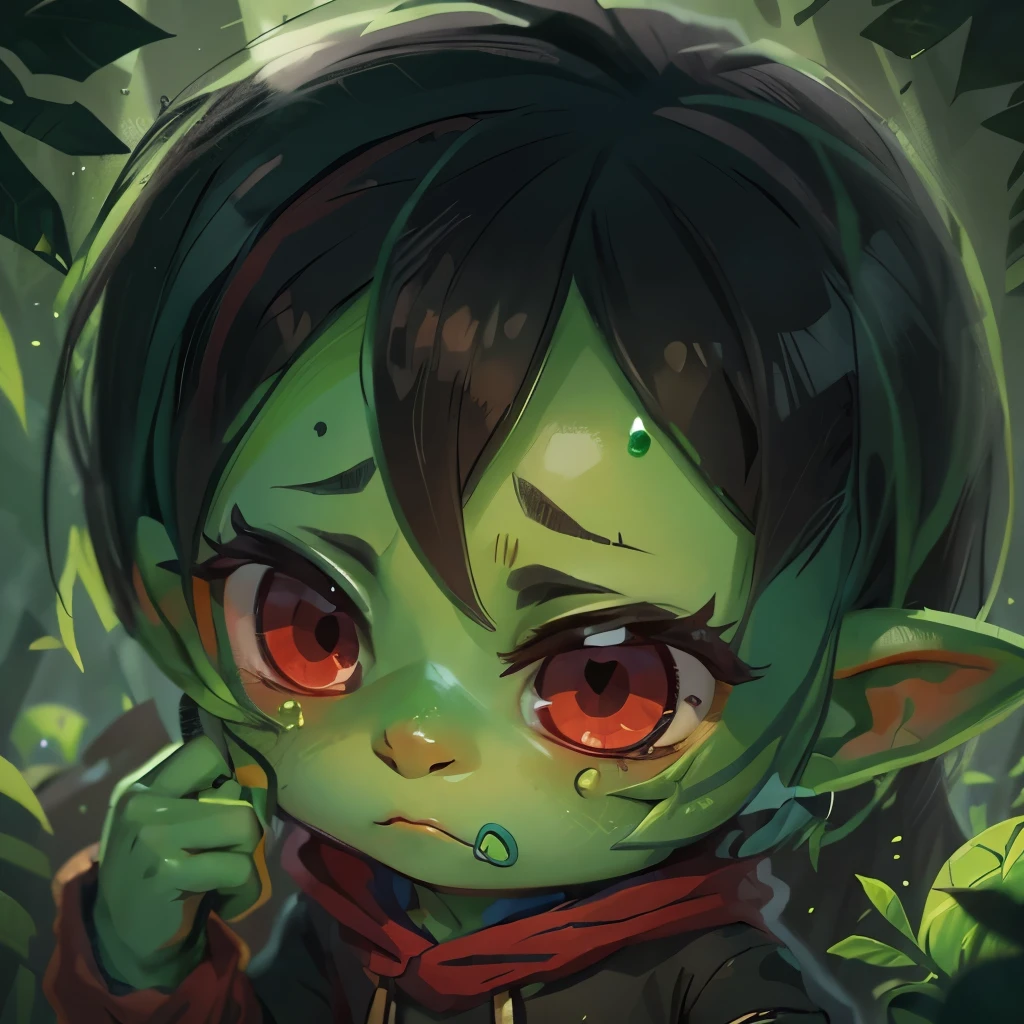 a green skin goblin boy, close up face, sad, red eyes, black hair entirety