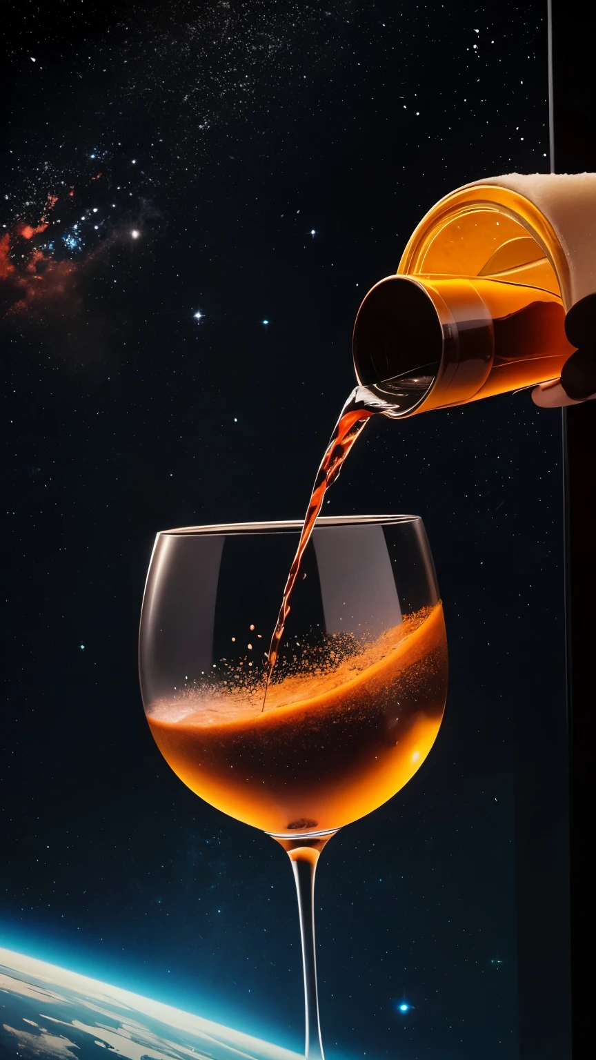 Necesito una botella de vino negro en su etiqueta diga "veneno", that is floating in a space with a universe colored background. Hacer un sobre naranja que en su etiqueta diga "tango", that is full of orange powder and that powder has to be poured into the bottle, todo eso tiwne que estar dibujado en un vinilo