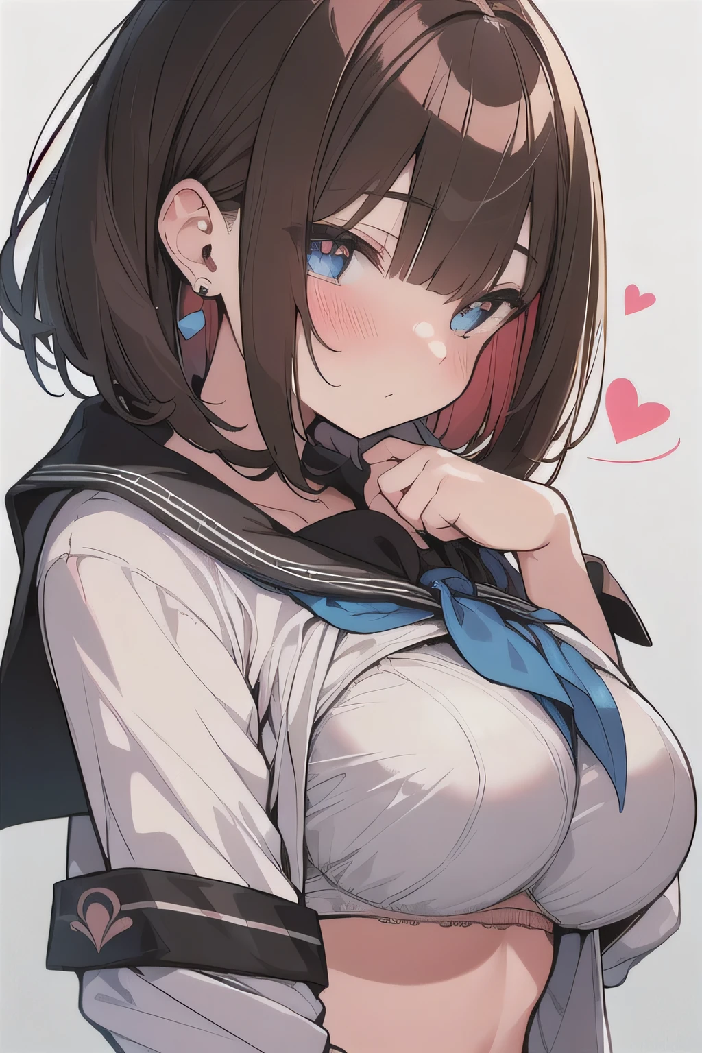 (best quality), (Super detailed), (Best Illustration), (woman), from bellow, look at viewer, {(white serafuku), (shirt, lift:1.2), (show off bra:1.3)}, (large breasts), {(detailed eyes), (heart-shaped pupils), blue eyes}, {brown hair, (sideburns), (bob cut:1.3), curly hair, hairs between eyes, colored inner hair}, blush, earring,