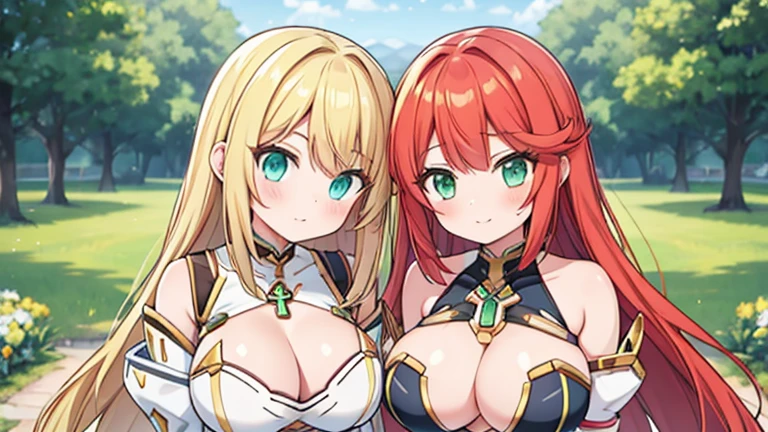 2 girls, mythra from xenoblade with blonde hair, and pyra from xenoblade with red hair, both have cleavage, giant breasts, very long hair, sexy hentai girl, masterpiece, best quality, high resolution