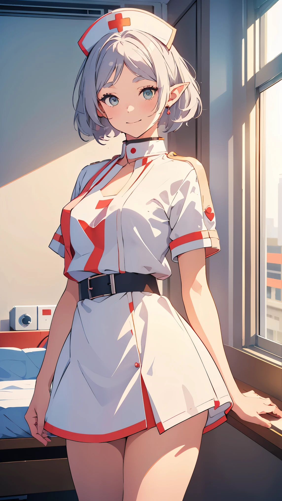 Girl1,Nurse, wearing white,Fairy ears, ((nurse cap,white legs, Zetai Ryuki)), white gloves, standing, ((hospital room)), short sleeves,seductive smile,Eyes droop,Sharp outline,super detail,high quality,high details,best quality,1080P