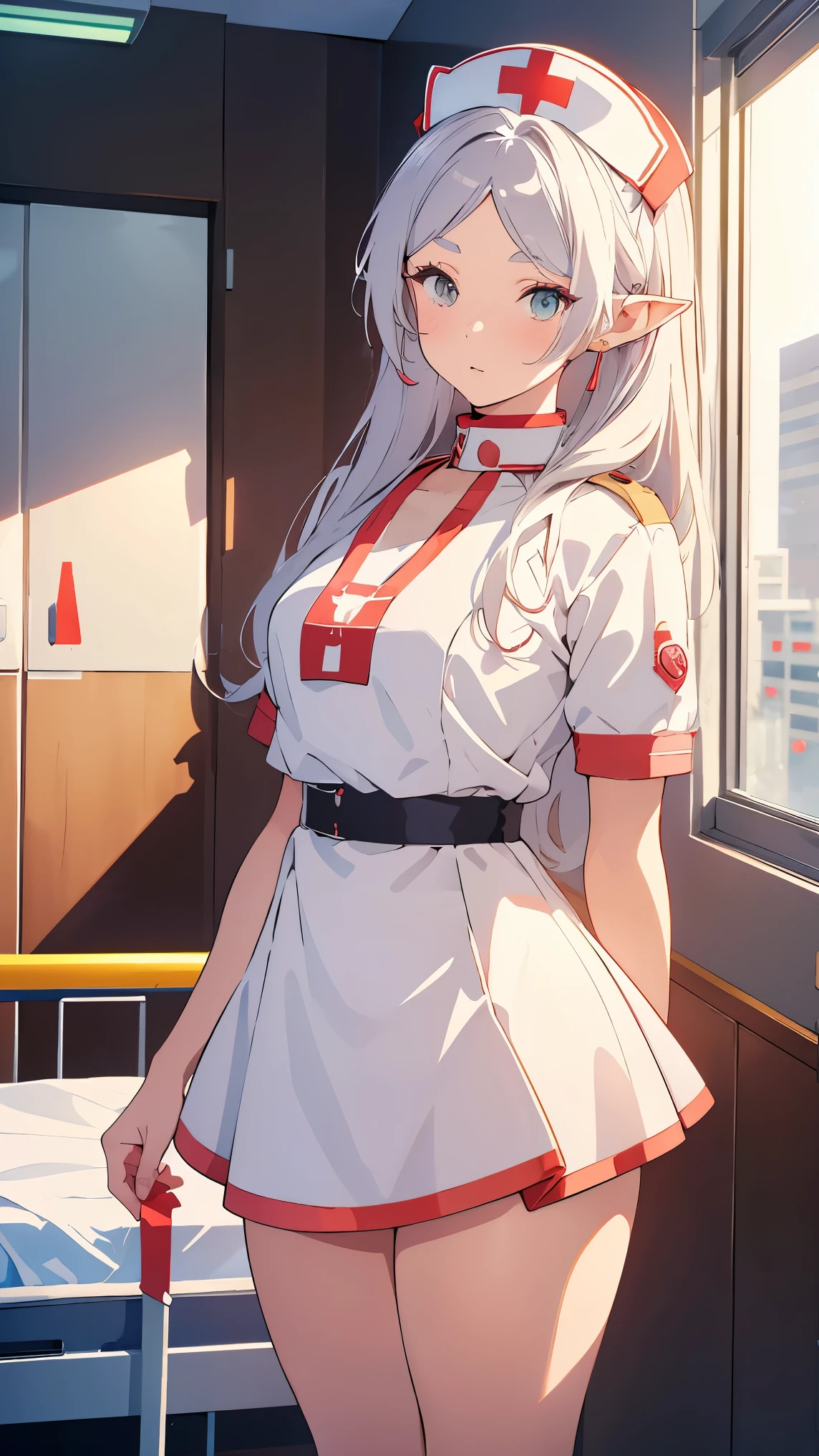 Girl1,Nurse, wearing white,Fairy ears, ((nurse cap,white legs, Zetai Ryuki)), white gloves, standing, ((hospital room)), short sleeves,jitome,Eyes droop,Sharp outline,super detail,high quality,high details,best quality,1080P