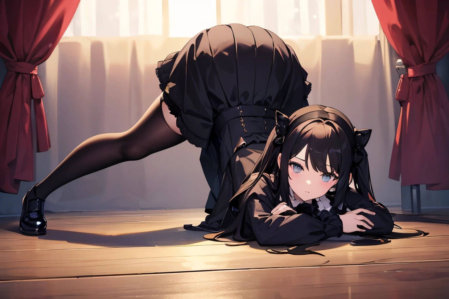 solo,1girl, Sexy, big breasts, big thighs, black panties, cat ears, black hair bow, black heels, white and black stockings, Neko maid dress, black bow tie, cat bracelet, Big ass, pearl earrings, blue eyes, very pretty 