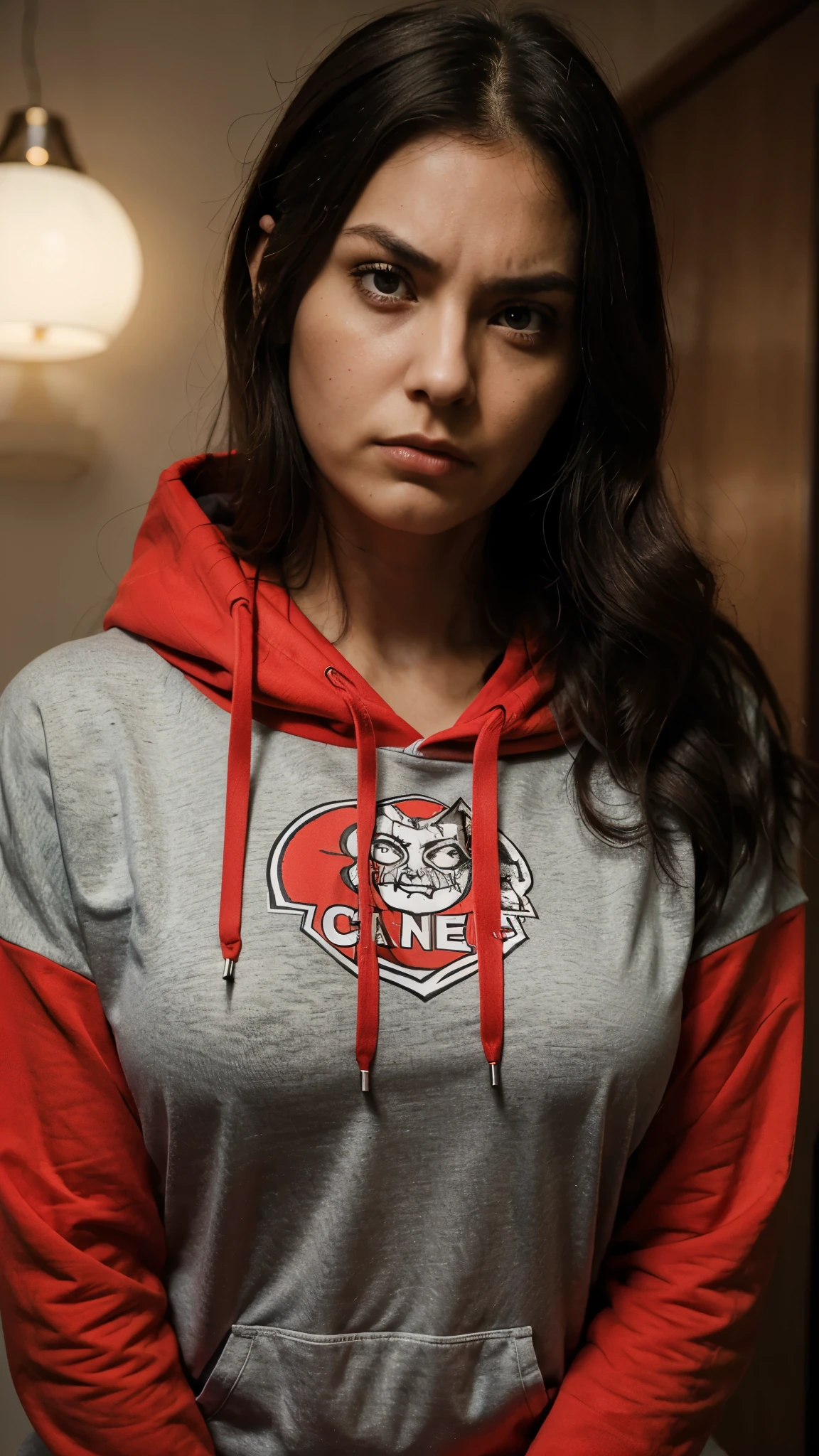  woman 27 years old with arms crossed on ches looking at camera with serious expression, intimidating woman, young angry woman, serious and stern expression, t, angry looking at camera,  bold serious expression, strong facial expression, frowning expression, with serious face expression,  arms folded, irritated expression, wearing red hoodie. medium breast