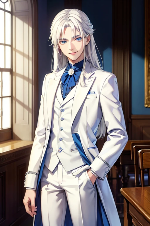 A young white haired man with blue eyes with long hair with blue eyes in a white victorian suit is smiling with his hands int his pockets in the classroom