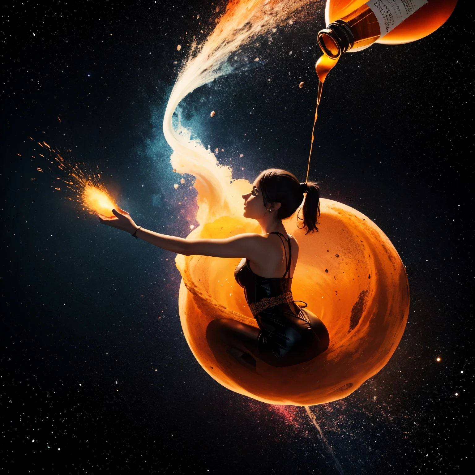 Necesito una botella de vino negro en su etiqueta diga "veneno", that is floating in a space with a universe colored background. Hacer un sobre naranja que en su etiqueta diga "tango", that is full of orange powder and that powder has to be poured into the bottle, todo eso tiwne que estar dibujado en un vinilo