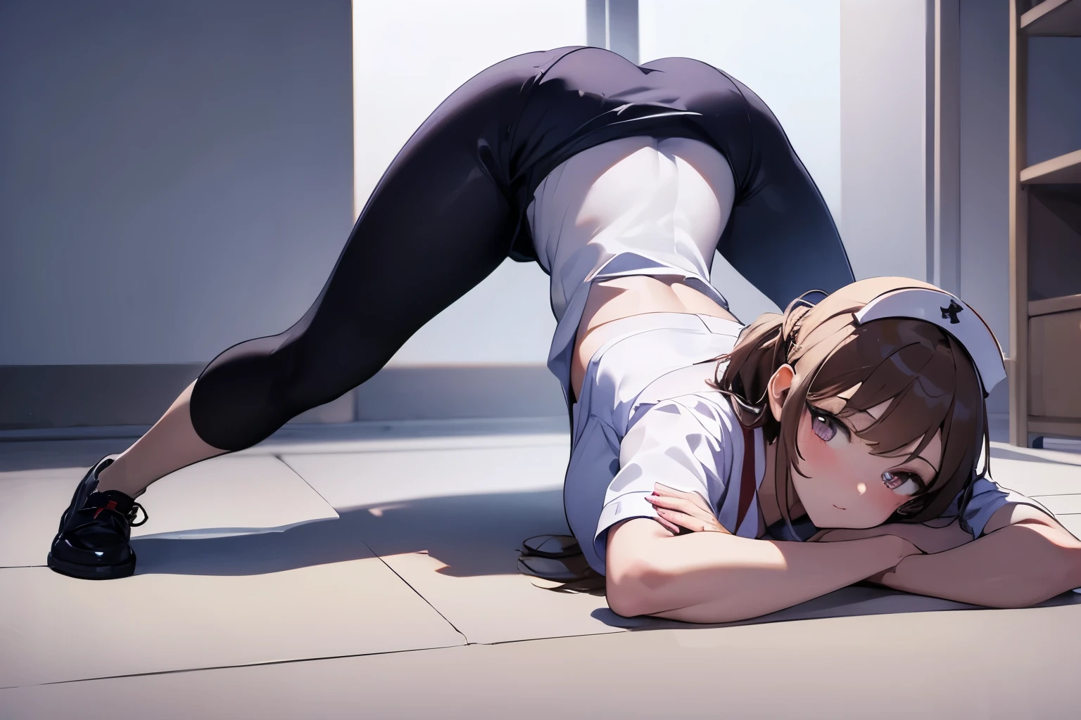 (masterpiece, best quality:1.2), 1girl, lie on the ground，Cocked buttocks，looking at viewert，top-down_bottom-up,nurse suit