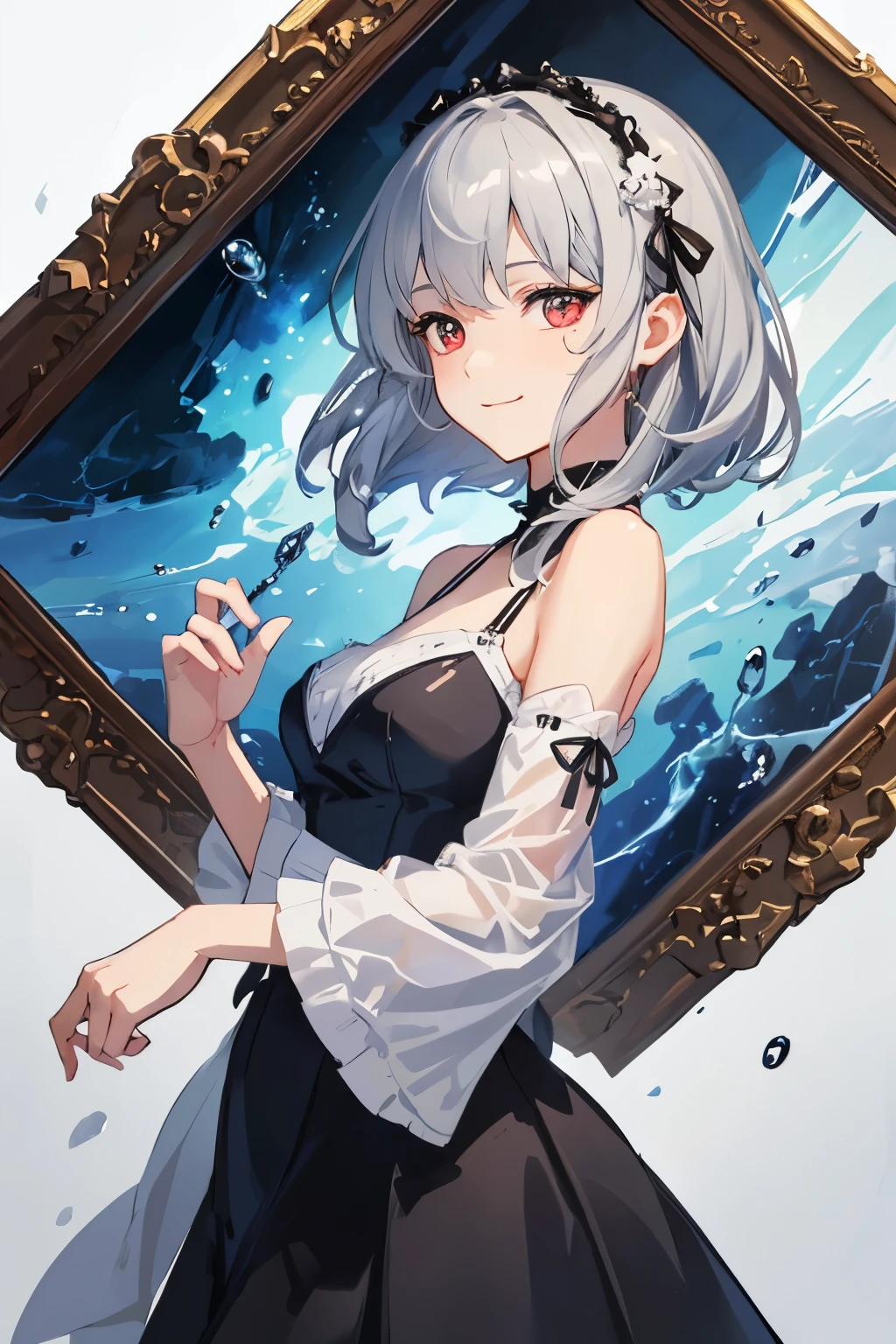 (Tabletop.highest quality).(Dynamic Angle). (Incredibly detailed CG paintings),(Perfect Image)、Solo Girl、Animating、Japanese anime、Comic Strip.figure.One Girl.Detailed face、Perfect Face.Delicate face、(繊細なgirl in a black dress)、Textured skin、(Gray Hair:1.3)、short hair、((Beautiful red eyes)).Delicate and beautiful eyes、The eyes are detailed、Reflected Eyes、Watery eye、smile.(Staring at the audience:1.3).(Face is a little red:0.8)、8k wallpaper、Cowboy Shot、reflected light、Highest detail、Complex、Delicate background、Textured skin、Detailed skin、(Ultra-high resolution)、girl in a black dress、Solo Girl