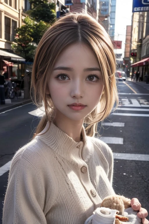 He is wearing a brown sweater and sitting in a cafe drinking coffee、A cute girl with long straight black hair, brown eyes and a round face, sunset, Smiling with no bangs and showing teeth, Holding a poodle puppy in her arms