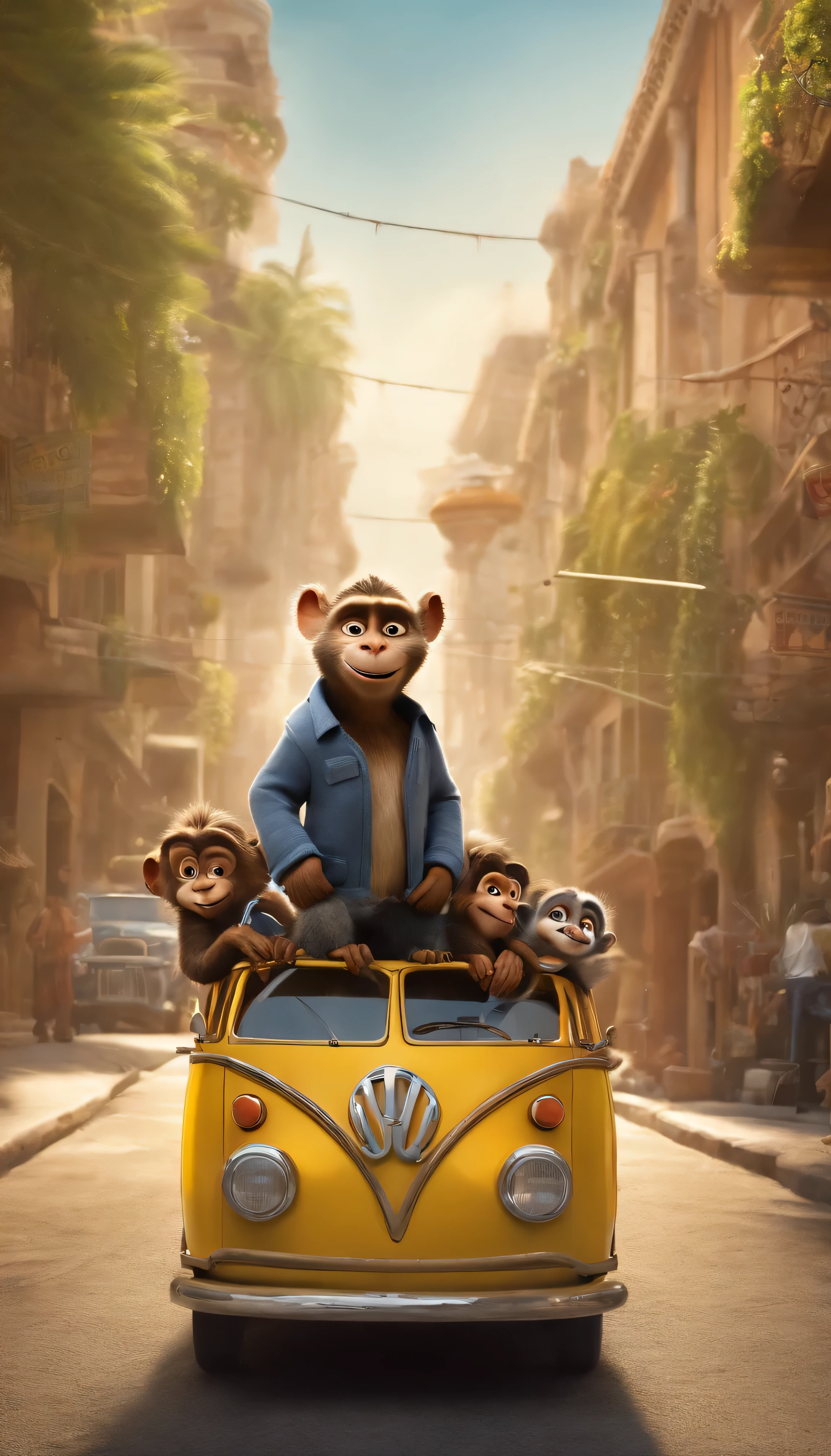 hyper-realistic humanized monkey characters from Zootopia, dressed as Brazilians going to the beach with children and families, with Batman as the tour guide, Robin, Wonder Woman, and Captain Caveman with his club, interacting with each other inside a bus, ultra HD quality, 8k, high definition and resolution, with added intricate details to the scene