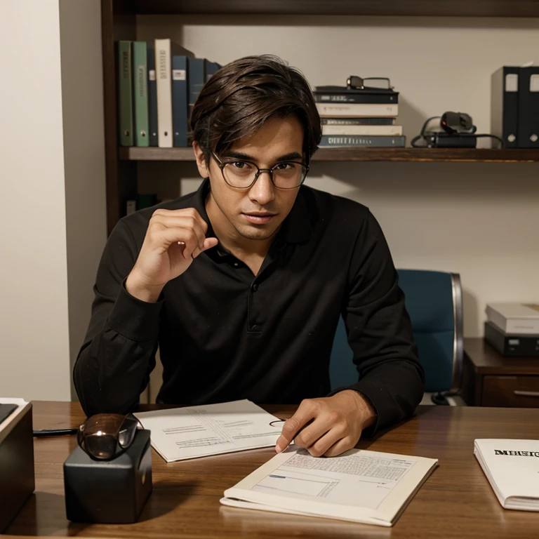 a glasses, young nerd sitting at his office desk with his laptop and money on the table