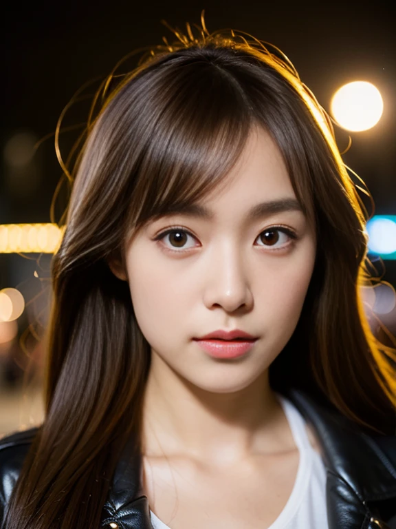 ​masterpiece, top-quality, 超A high resolution, (Photorealsitic:1.4), 32K,beautiful  lighting,profetional lighting,Raw photography, 8K UHD, A detailed face, A detailed eye,Detailed eyes,Good balance between the left and right eyes,no-makeup:1.5,Baby Faced Girl,The cutest girl in the world,18year old,(((long shiny brown hair,Pitch brown hair,Straight one-length,with round face,a baby face,Young Face, Narrow eyebrows,round upturned nose,Letter to))), ((Tight long dress that sticks to the body,deep v neck ,Wear a leather jacket in layers,Colossal tits:1.5,Late night street corner,Night view of the city, longshot,Facing front 、Looks sexy to camera