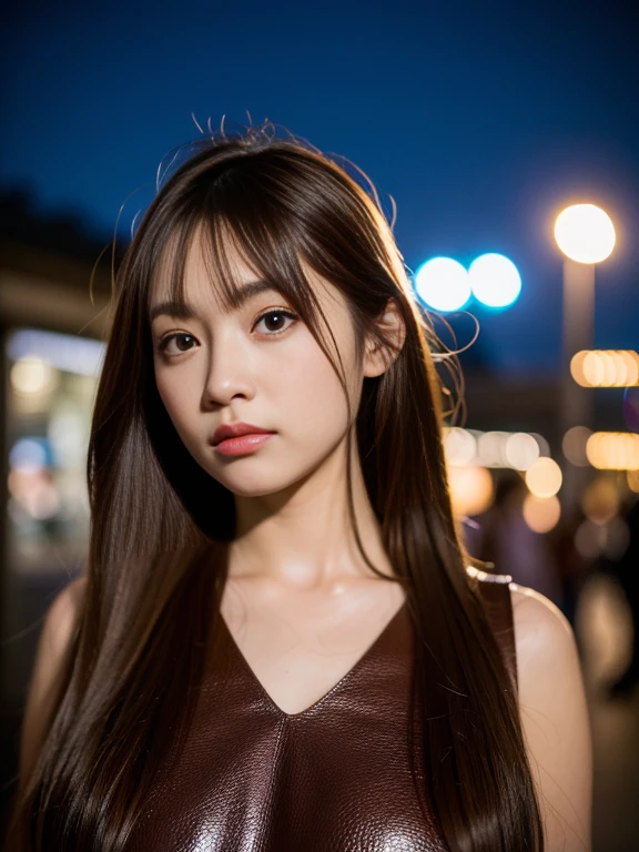 ​masterpiece, top-quality, 超A high resolution, (Photorealsitic:1.4), 32K,beautiful  lighting,profetional lighting,Raw photography, 8K UHD, A detailed face, A detailed eye,Detailed eyes,Good balance between the left and right eyes,no-makeup:1.5,Baby Faced Girl,The cutest girl in the world,18year old,(((long shiny brown hair,Pitch brown hair,Straight one-length,with round face,a baby face,Young Face, Narrow eyebrows,round upturned nose,Letter to))), ((Tight long dress that sticks to the body,deep v neck ,Wear a leather jacket in layers,Colossal tits:1.5,Late night street corner,Night view of the city, longshot,Facing front 、Looks sexy to camera