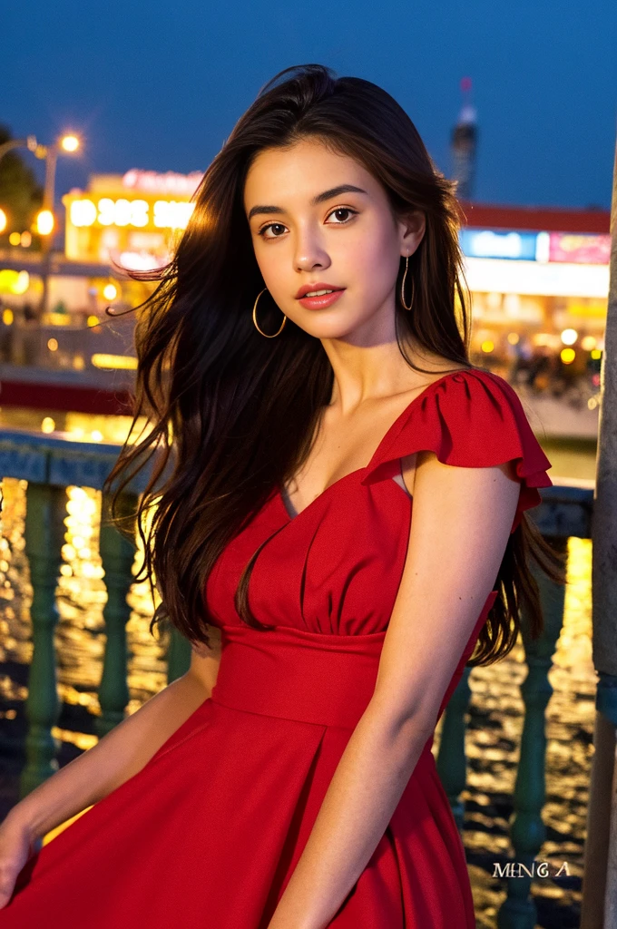 (best quality, masterpiece:1.2), 18 year old girl, Wearing a red dress, at the seaside, night light, realistic face, Perfect body, good anatomy, perfect face, curly long hair, black hair, photorealism, Super detailed, high quality, Posing for photos, Sexy