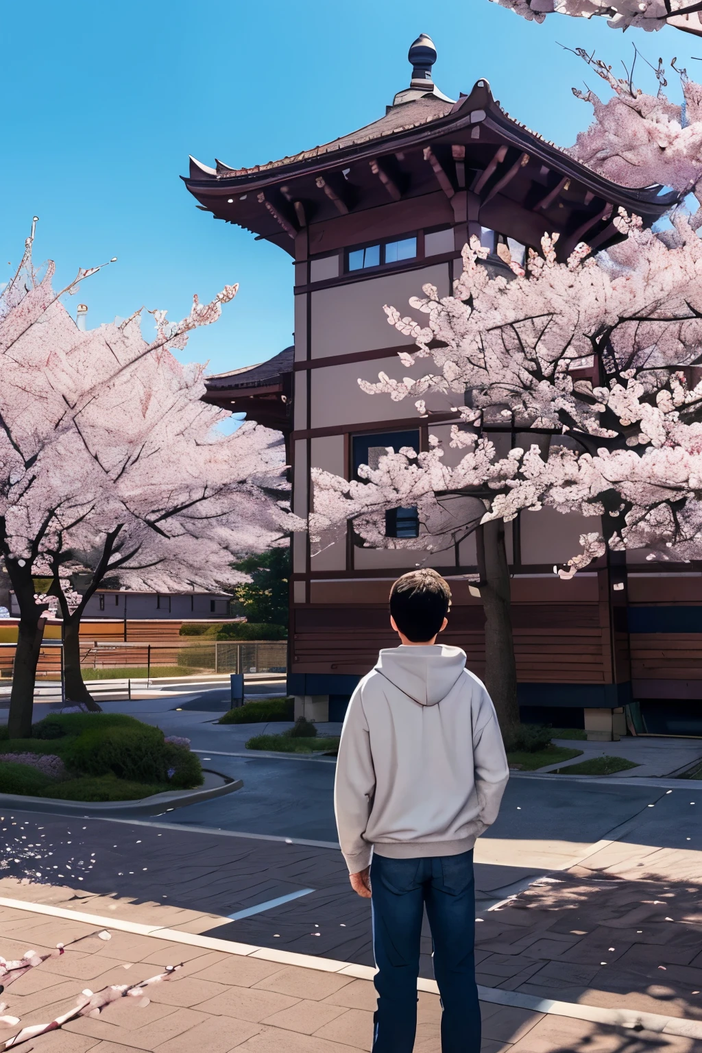 High school boy standing on the roof,Looking down on the schoolyard from the roof of a high school building,A male high school student wearing a hoodie standing on the roof,Cherry blossoms blooming in the schoolyard,blurred background,A sentimental and fantasy scene befitting a graduation.,spring,Cherry tree in full bloom,Scattering cherry blossom petals,today、My favorite senior is graduating,farewell,sadness,dream-like,Fantasy,Intricate details,Color illustrations,Zentangle Elements,rendering,colorful,Cast a colorful spell,Wide range of colors,Intricate details,rendering,,masterpiece,best masterpiece,highest quality,Beautiful light and shadow,