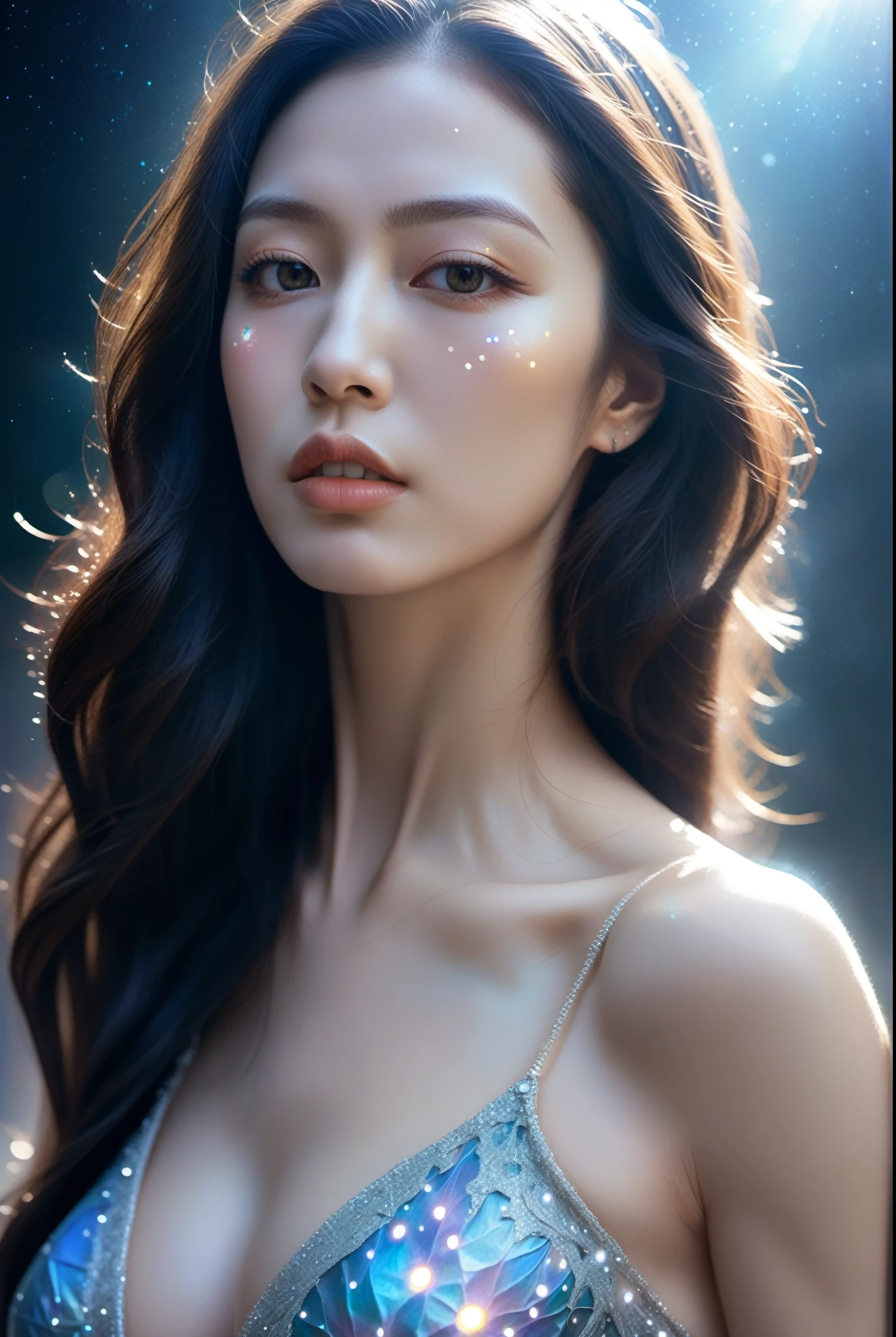woman, long hair, sunlight, gigantic breasts, iridescent dress, glowing stars, A digital illustration, glowing stars, defraction spikes, chromatic aberration, bloom AND (glowing, holofoil:0.6), a beautiful fantasy empress, guweiz, ruan jia and artgerm, beautiful fantasy maiden, japanese goddess, It was empty inside and she didn't even wear a bra, When she moved her body, her two fat and white breasts swayed left and right, Under the friction with her clothes, her two lotus seed-sized nipples actually stood up, making her clothes bulge out by two pointed,