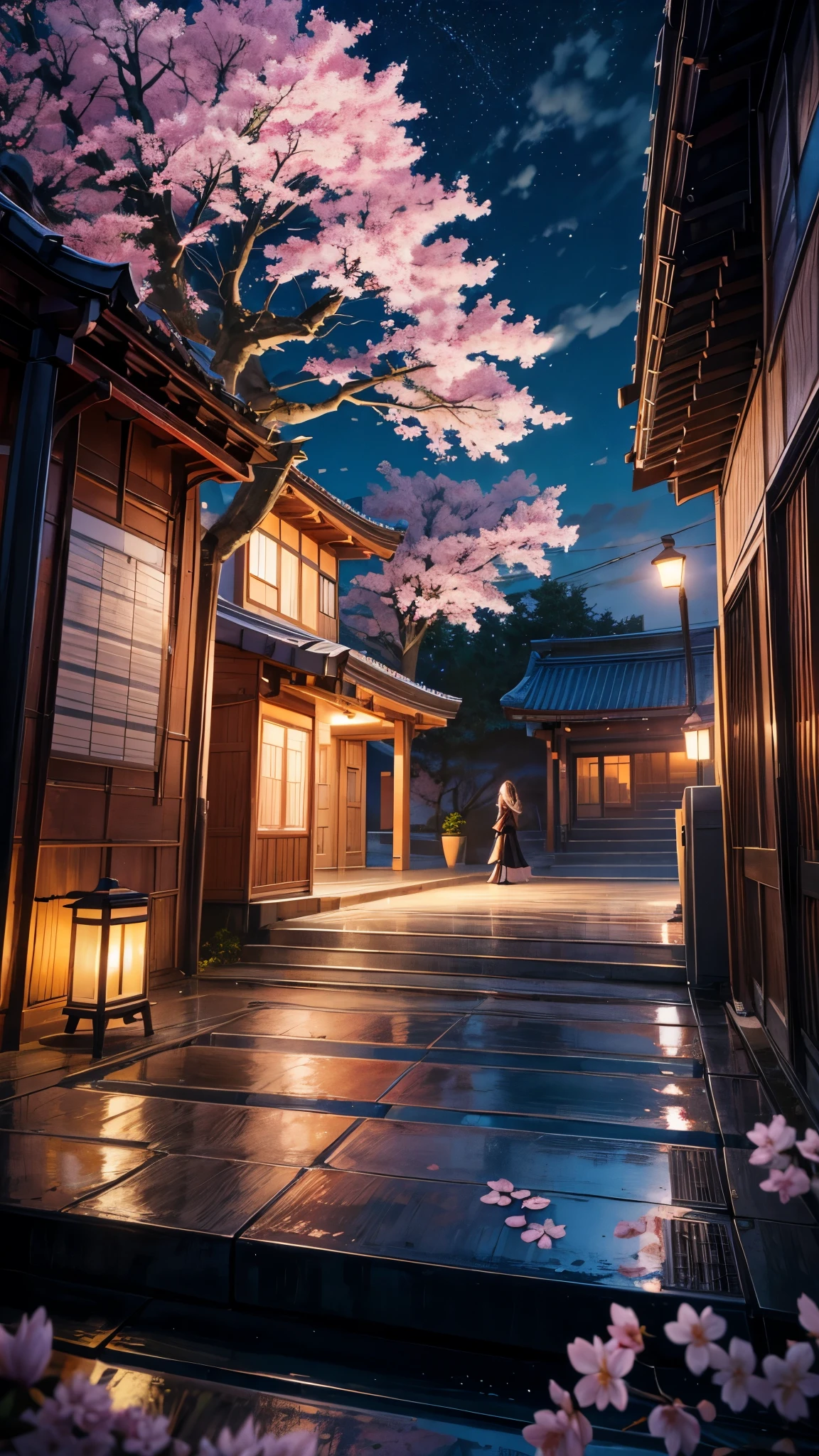 octane, Sky, landscape, night, 1 Girl, Solitary, outdoor, architecture, cloud, sitting, Sakura Tree, Wind, cherry blossoms flying, Long hair, City, Cityscape, sparkle, best quality, 8k, masterpiece, award winning