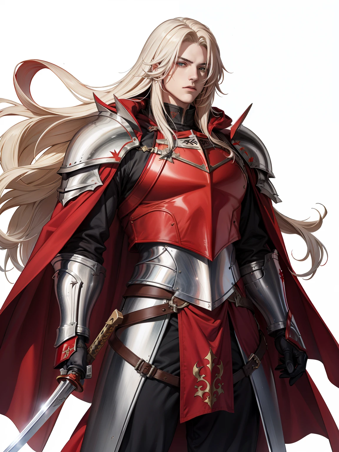 1 long-haired albino male knight, wearing red hood、Wearing heavy armor and carrying a long sword