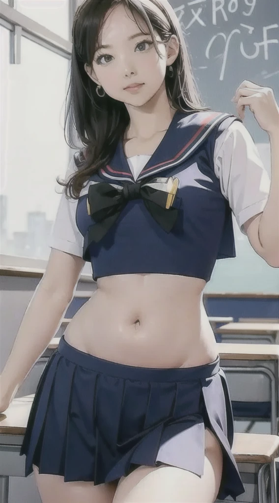 Woman in classroom, ((crop top sailor suit)), blue student skirts, open navel, open belly, 35 year old, adult look 