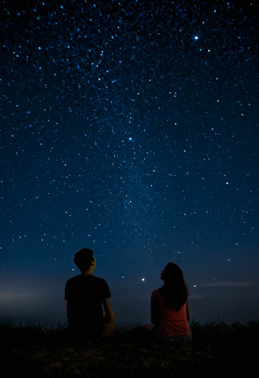 Una pareja de adolescentes, tomados de la mano, viendo el cielo nocturno con estrellas