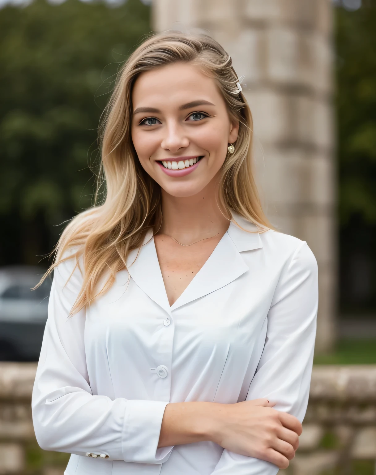 (beautiful, detailreiches Haar blond, blaue Augen, beautiful teeth, whole body recording, (Adorable freckles), (charming smile, schelmischer Ausdruck), (verspielte Pose), (business dress), (wunderliche Brise, wallende Haare), (Bokeh-Hintergrund), (lebendige Farben, rich tones), (froh, sorglos), (fesselnd, Zauberhaft)