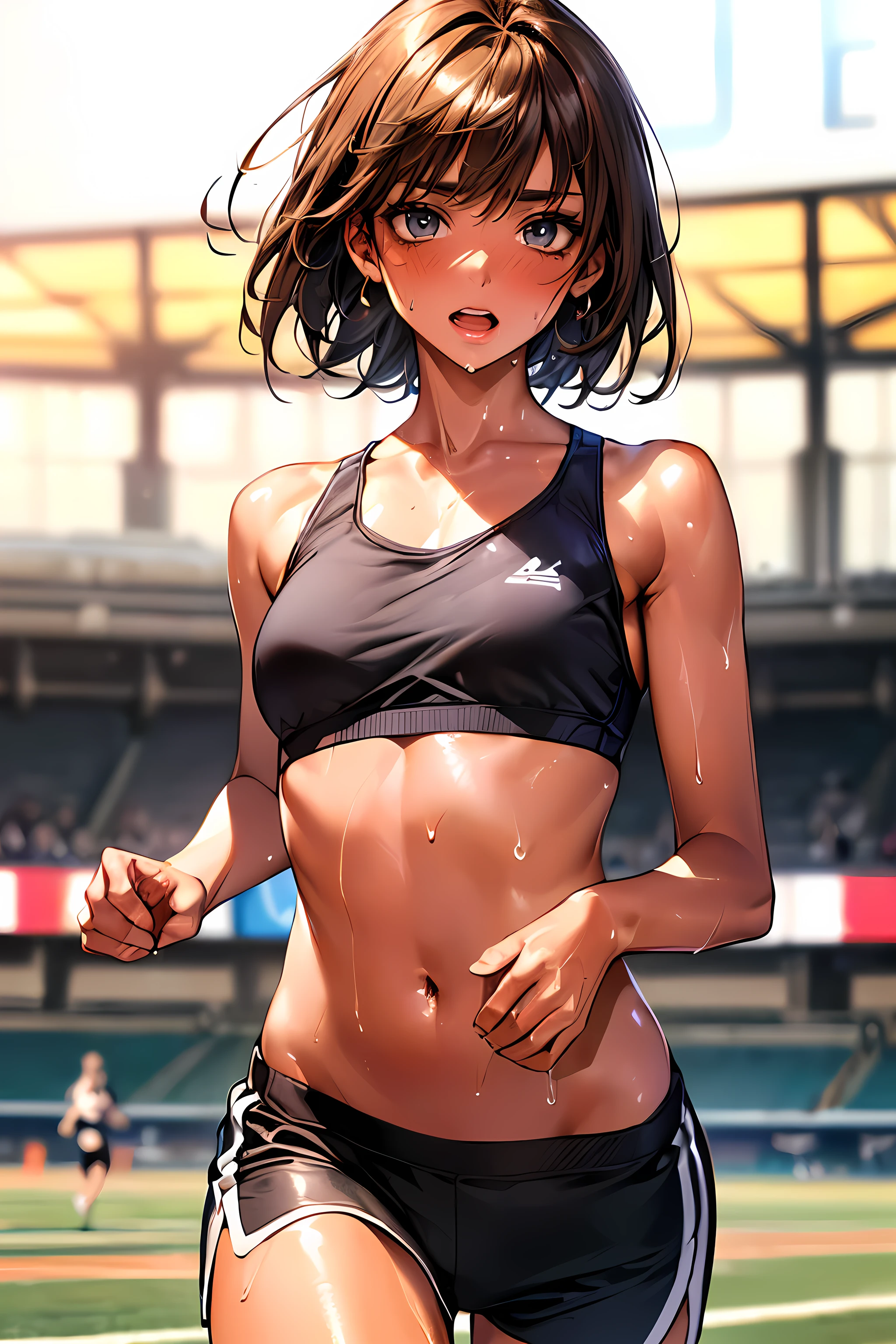 NSFW、very cute and beautiful girl,Very thin body、Model body type、(Highly detailed beautiful face), (((全身にSweatをかく))),(((Sweat)))、(((Sweat臭い)))、(((Body odor)))、blush,((Black Hair、short hair、Pink highlights on the inside)),((Gal、Medium chest)),((Track and field athlete))、((Low Angle、Dynamic Angle)), (Highest quality,masterpiece:1.0),Very detailed,32K,8k resolution, Intricate details,Movie Scenes,Detailed Background,Dynamic Angle,(((Love juice drips from the crotch)))、(Athletics Stadium)、(((100m walk、Run at full speed、Sprinting)))、Serious expression、((((The vagina is completely visible))))、(((Not wearing)))