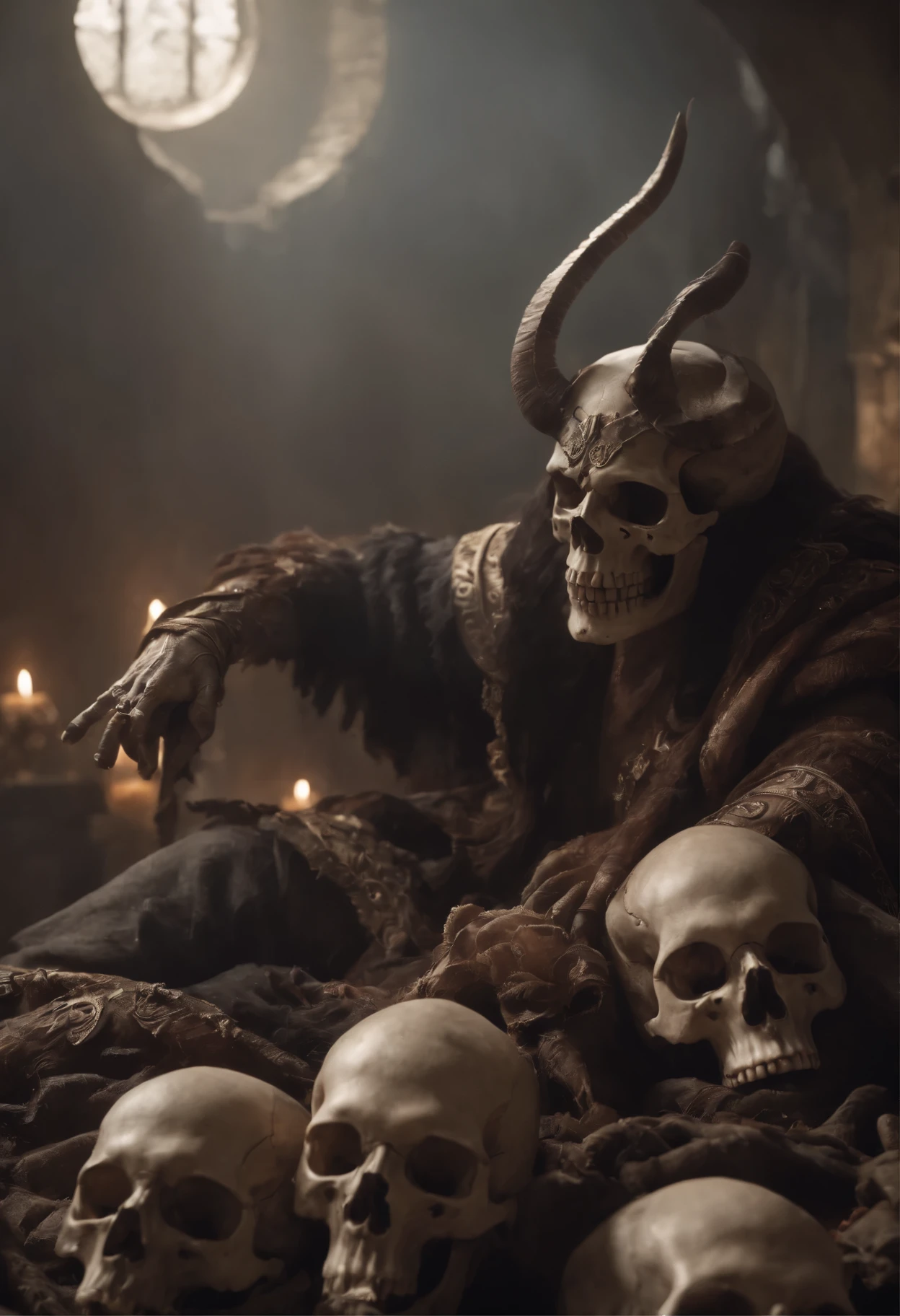 Skull and Lucifer conversing on top of a pile of corpses, Fantasy, Complex, elegant, Very detailed, Centered, Symmetric, I drew, Complex, Volumetric lighting, beautiful, A masterpiece of deep colour, Sharp focus, Super detailed, Dan Mumford and Mark Simonetti's style, Astrophotography