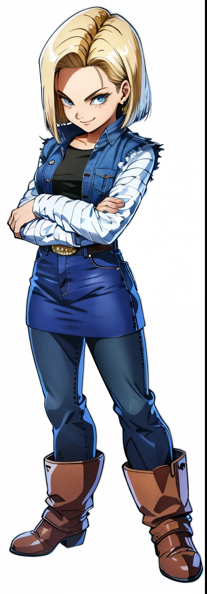 melhor qualidade, high resolution, E18, 1 garota, android 18, Sozinho, cabelo loiro, olhos azuis, cinto, saia jeans azul justa, colar de ouro, camisa preta, cabelo curto, mangas compridas, mangas listradas, brincos, colete aberto, Colete jeans azul, seios grandes, tiro de vaqueiro, Parque da Cidade, sempre em frente, (clima: chovendo), sentado, full length pantyhose, Battle ruins, quadris largos, roupas rasgadas, shy smile, pernas abertas, calcinha branca,