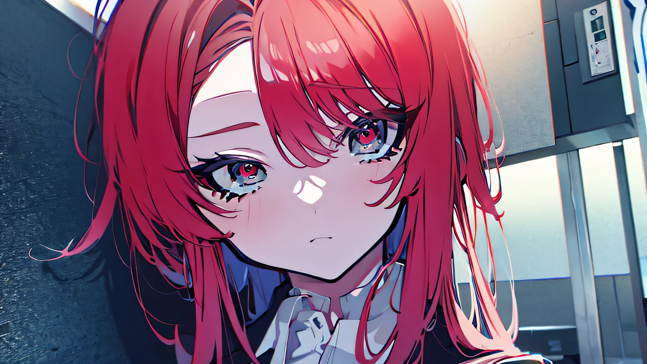 UHD, retina, masterpiece, ccurate, anatomically correct, textured skin, super detail, high details, high quality, award winning, best quality, highres, 1080P, HD, 4K, 8k, 16k, Long-haired auburn-haired girl among modern buildings