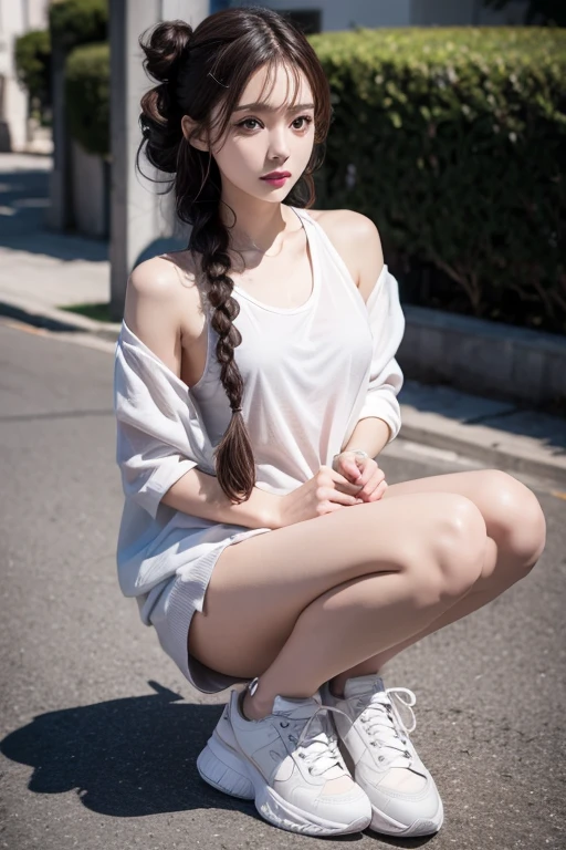 (Realistic、High resolution:1.3),(Fashion:1.4),A street ensemble using see-through and surface materials,Hair Bun,Long Bangs,Curly Side Braids,Hair hanging down in front, White sneakers,