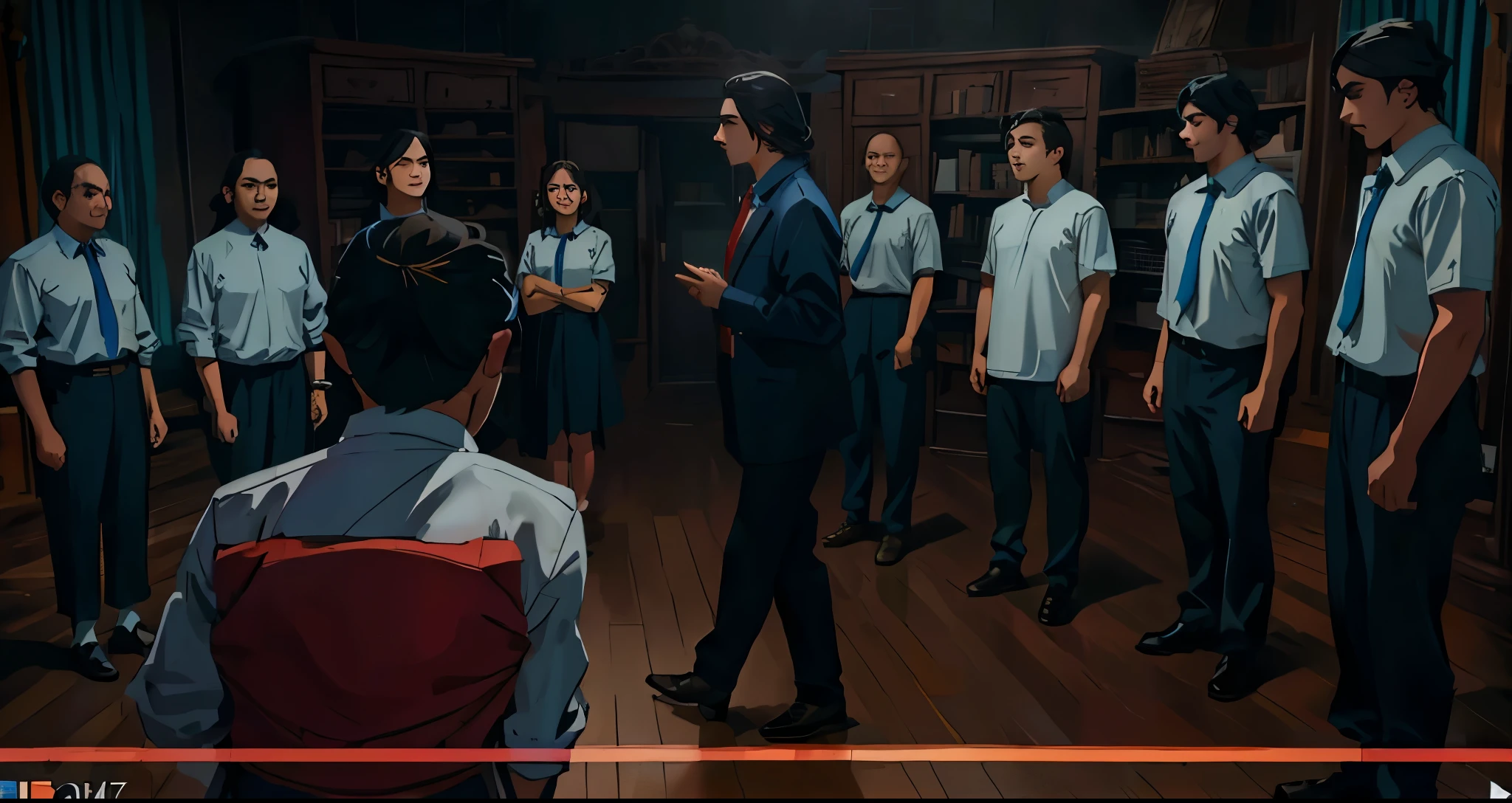 un grupo de escolares con cabello morado y un profesosr en el medio de ellos