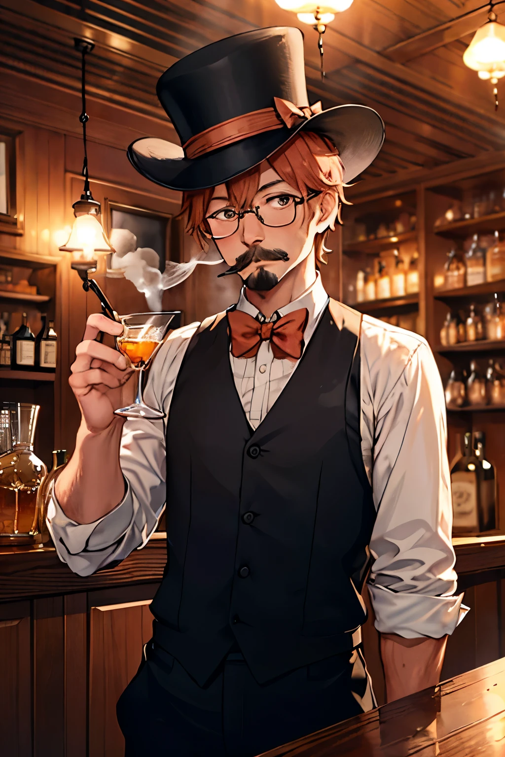 masterpiece, top-quality, high resolution, 1880s bar, vintage, dimly lit, warm color palette, wooden furniture, old-fashioned glasses, whisky tumblers, bartender in suspenders, mustache, wearing a collared shirt and bow tie, customers in suits and top hats, smoke wafting through the air, ice clinking in glasses, copper still in the background, classic jazz music playing softly.