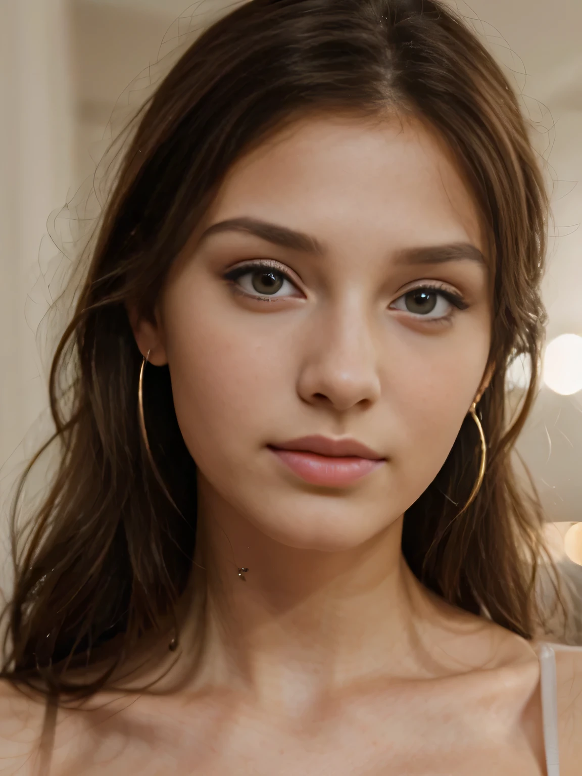 (best quality,highres),portrait,brunette woman,20 years old,natural face,thin lips,thin eyes,thin eyebrows,thin nose, no earrings,long eyelashes,looking straight into the camera