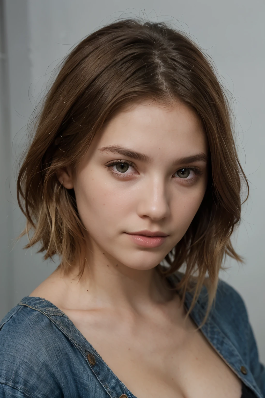 blonde avec un beau visage avec un haut bleu un peu transparent