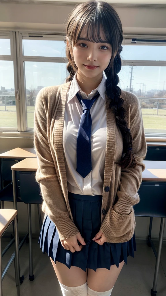 muste piece, best quality, illustration, Super detailed, fine details, High resolution, 8K,wall paper, perfect dynamic composition,(Details High quality, realistic depiction of eyes:1.3), (long hair:1.8, twintails:1.4, twin braid:1.6, blond hair), ((light blue collared shirts, navy pleated mini skirt, socks, navy tie, light brown cardigan)), pink panties, (beautiful scenery), evening, school, classroom, curtains, walking, hands on chest, (lovely smile, upper eyes), large breasts, Big Natural Color Lip, (perfect body shape), crying a little、cold gaze, Harajuku style、20 year old girl、cute type、lolita、beautiful legs, Gravure Idol