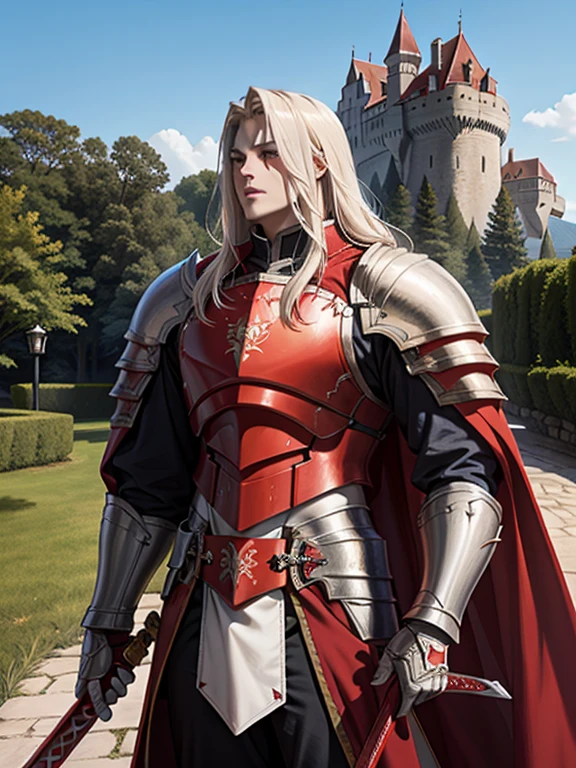 1 long-haired albino male knight, wearing red hood、Wearing heavy armor and carrying a long sword、With the old castle behind